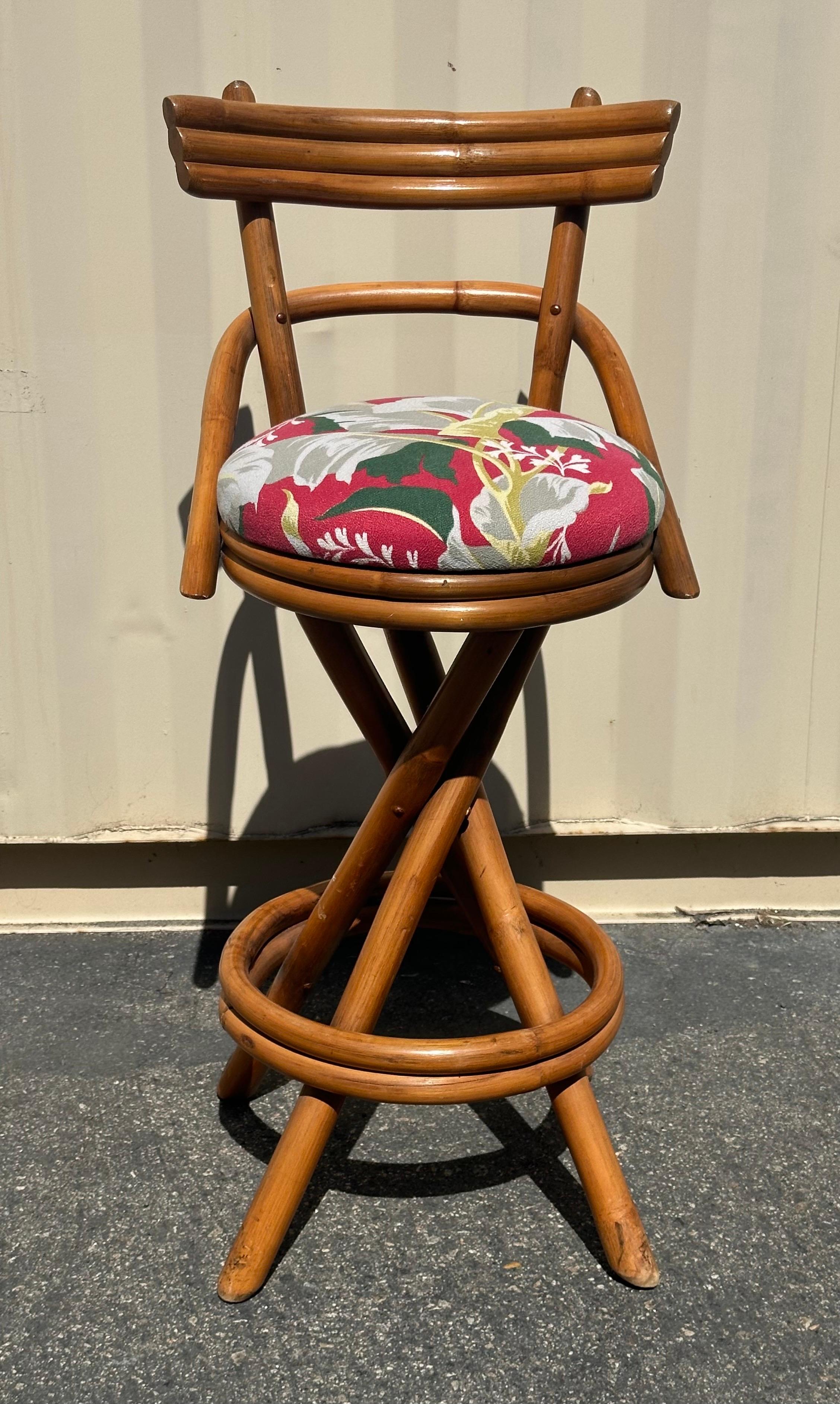 Pair of American MCM Two Step Back Rattan Bar Stools in the Style of Paul Frankl 5