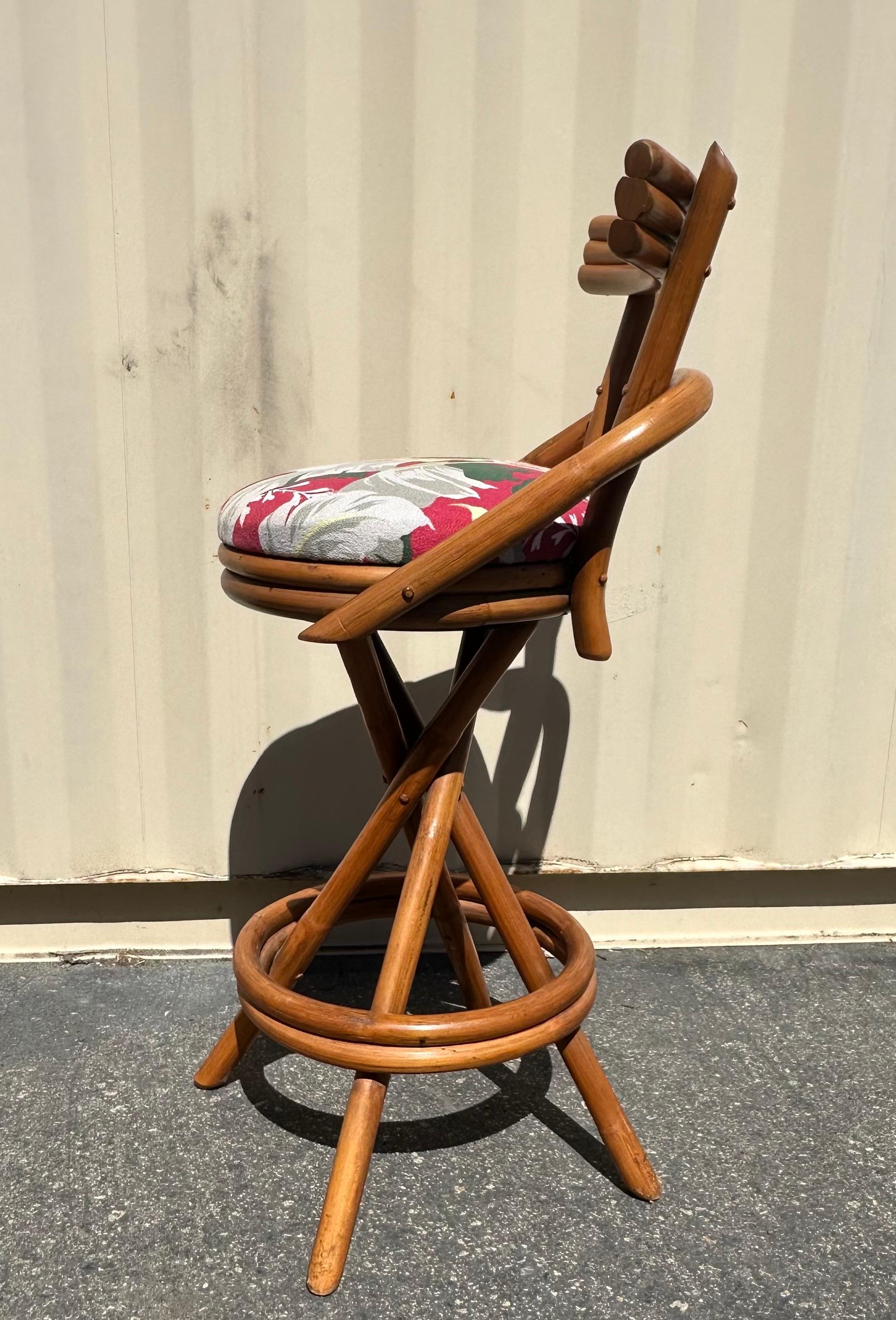 Pair of American MCM Two Step Back Rattan Bar Stools in the Style of Paul Frankl 6