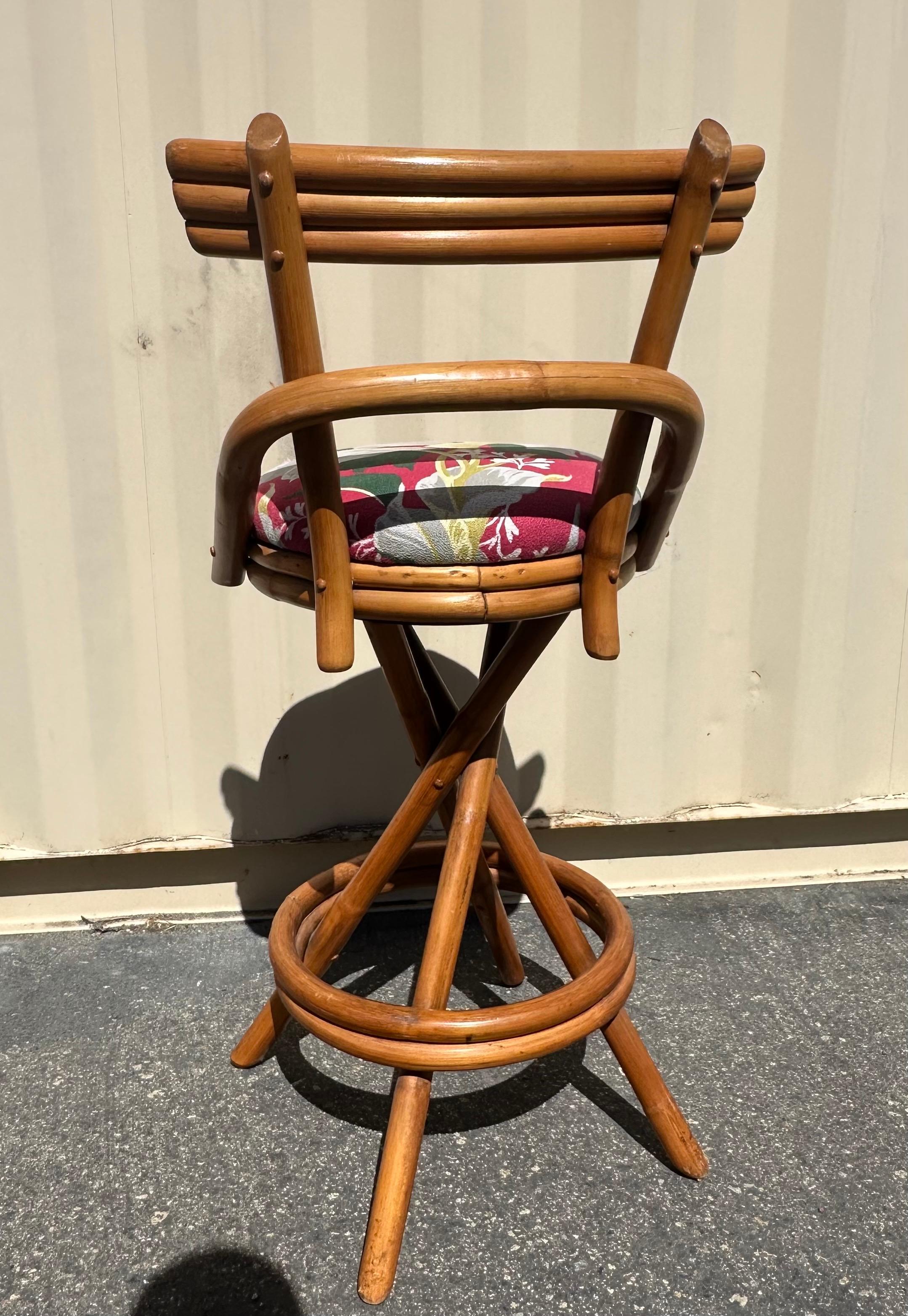 Pair of American MCM Two Step Back Rattan Bar Stools in the Style of Paul Frankl 7