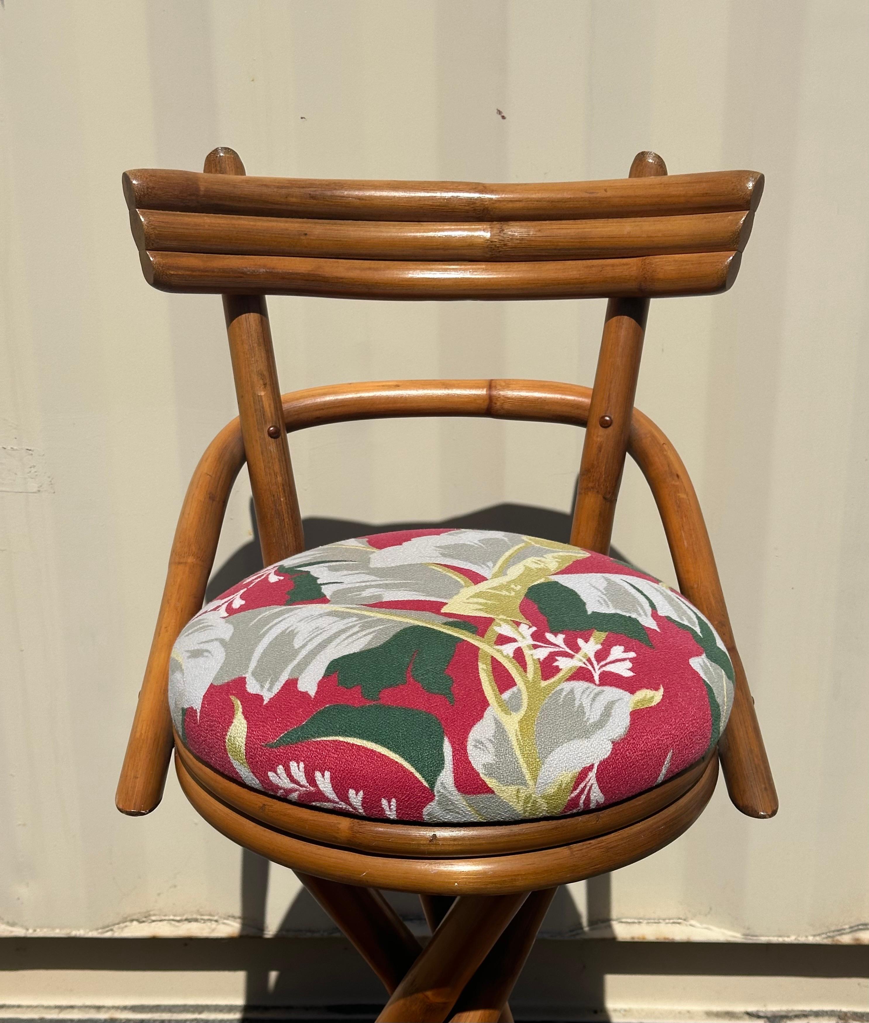 Pair of American MCM Two Step Back Rattan Bar Stools in the Style of Paul Frankl 9