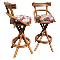 Pair of American MCM Two Step Back Rattan Bar Stools in the Style of Paul Frankl