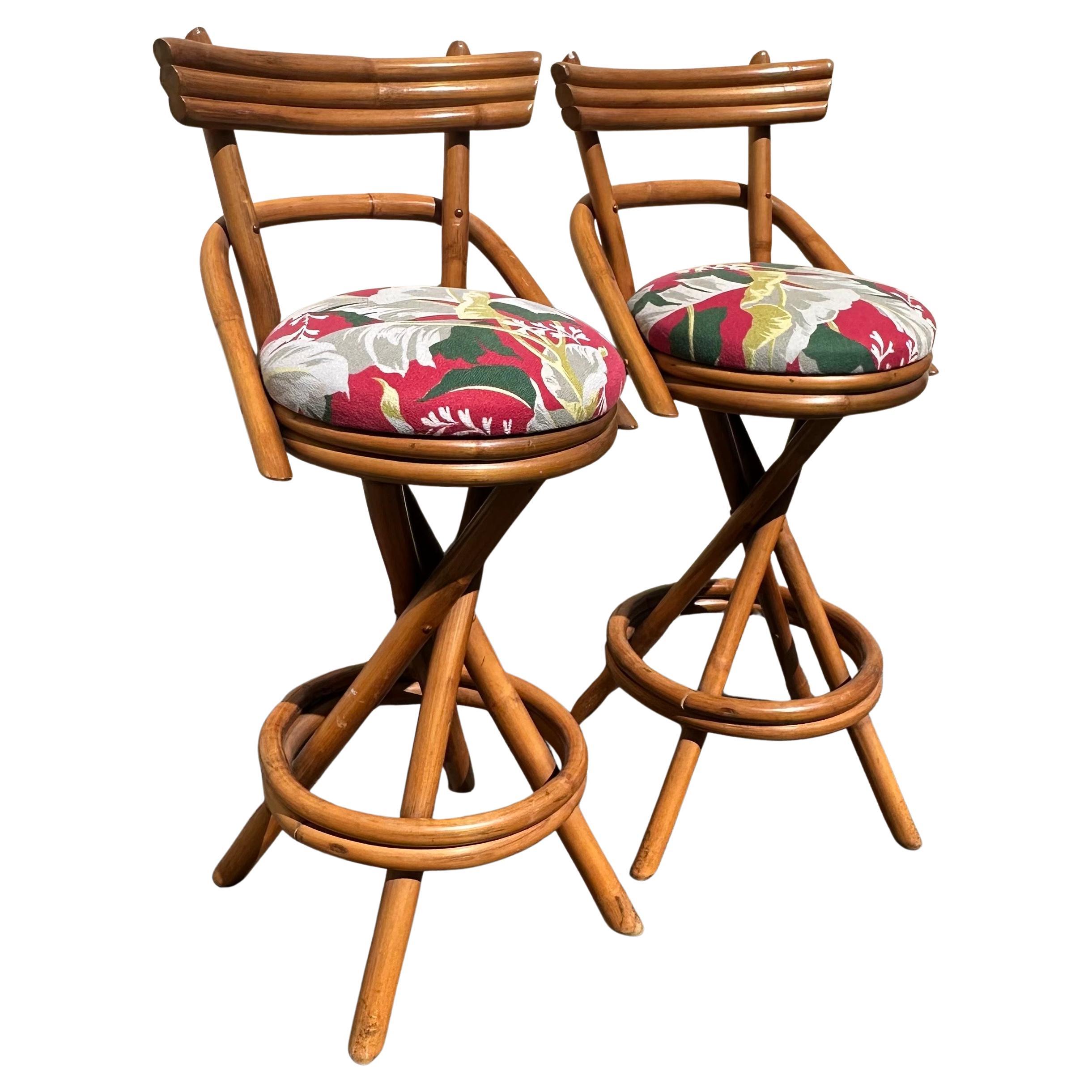 Mid-Century Modern Pair of American MCM Two Step Back Rattan Bar Stools in the Style of Paul Frankl