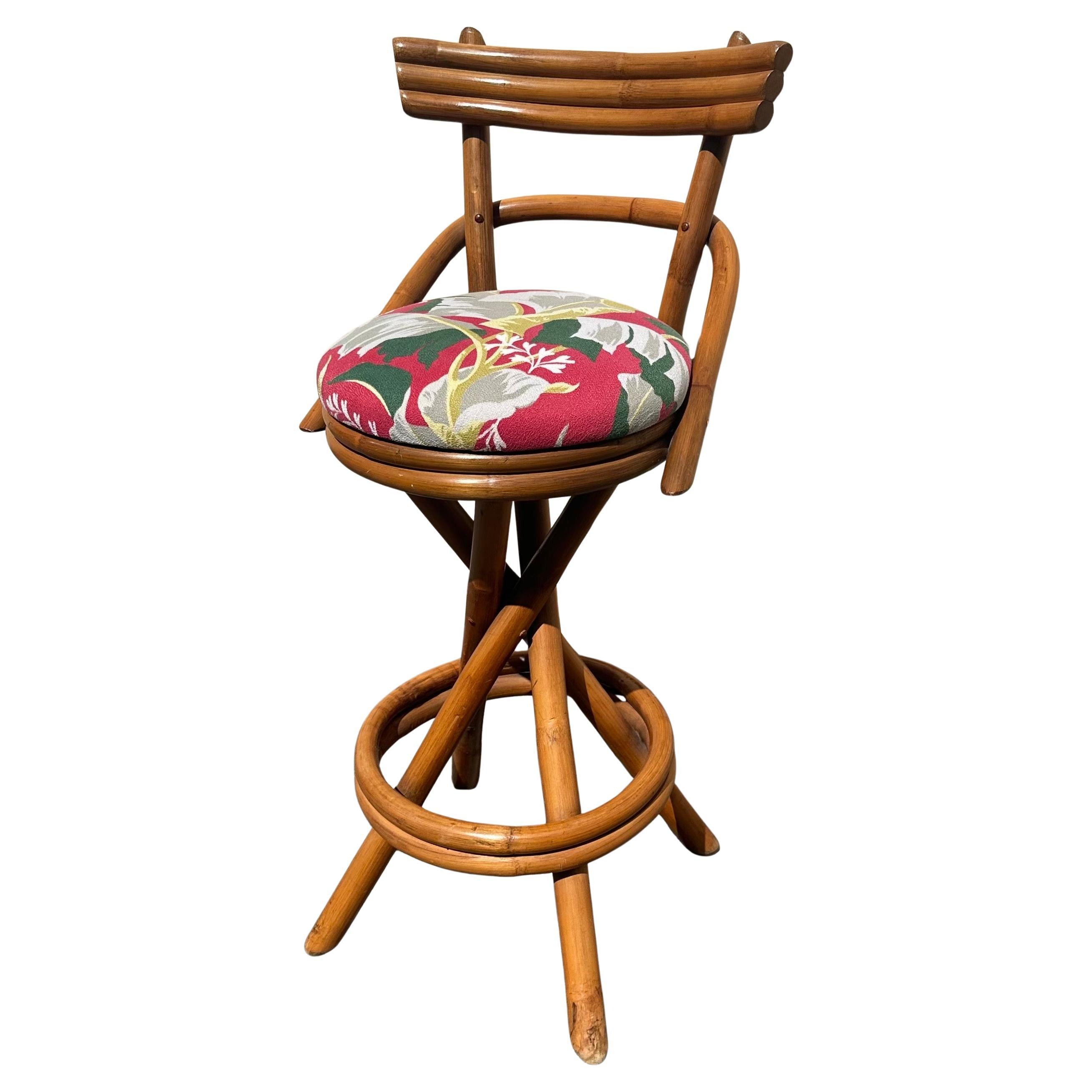 20th Century Pair of American MCM Two Step Back Rattan Bar Stools in the Style of Paul Frankl