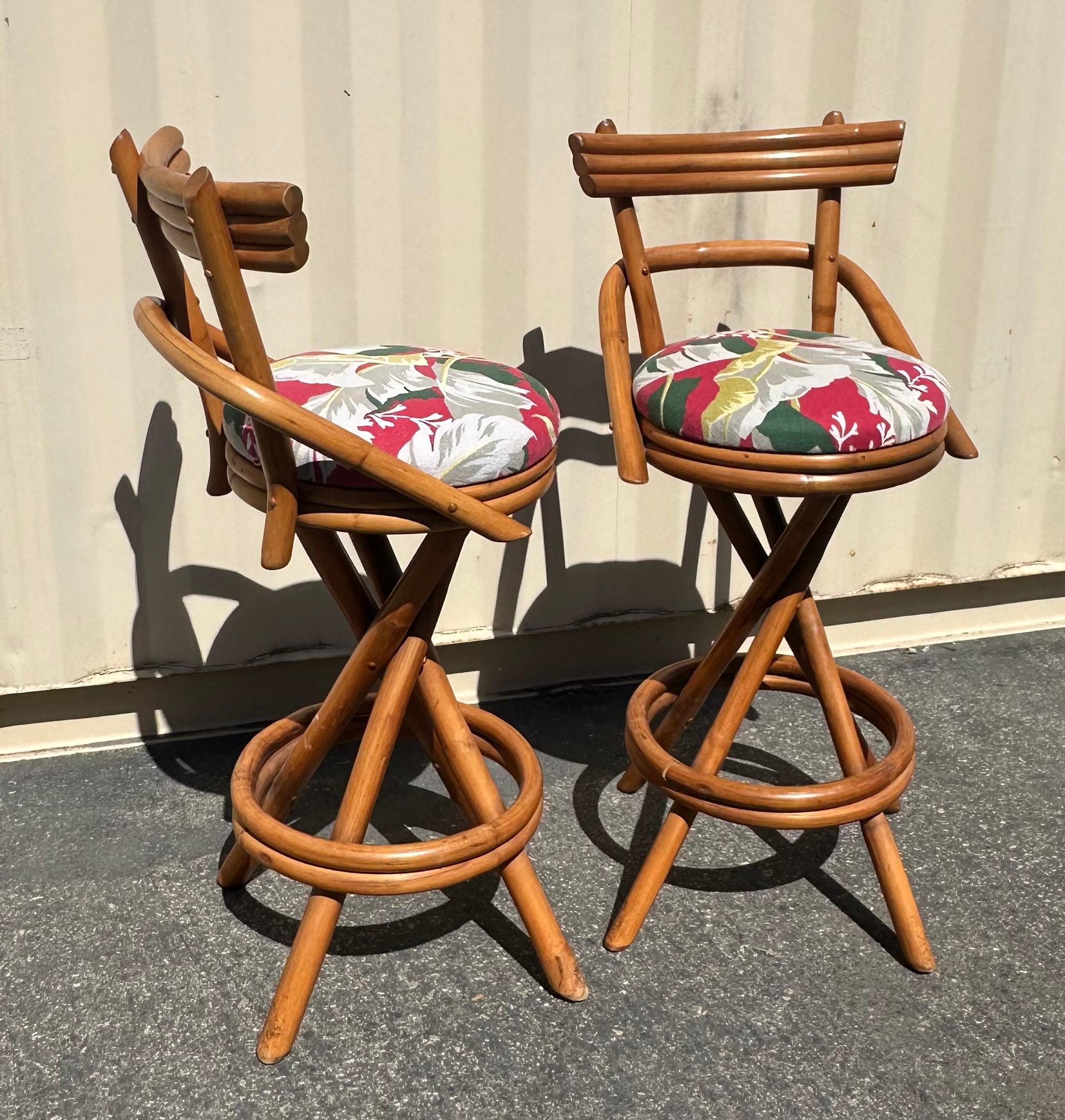 Pair of American MCM Two Step Back Rattan Bar Stools in the Style of Paul Frankl 1