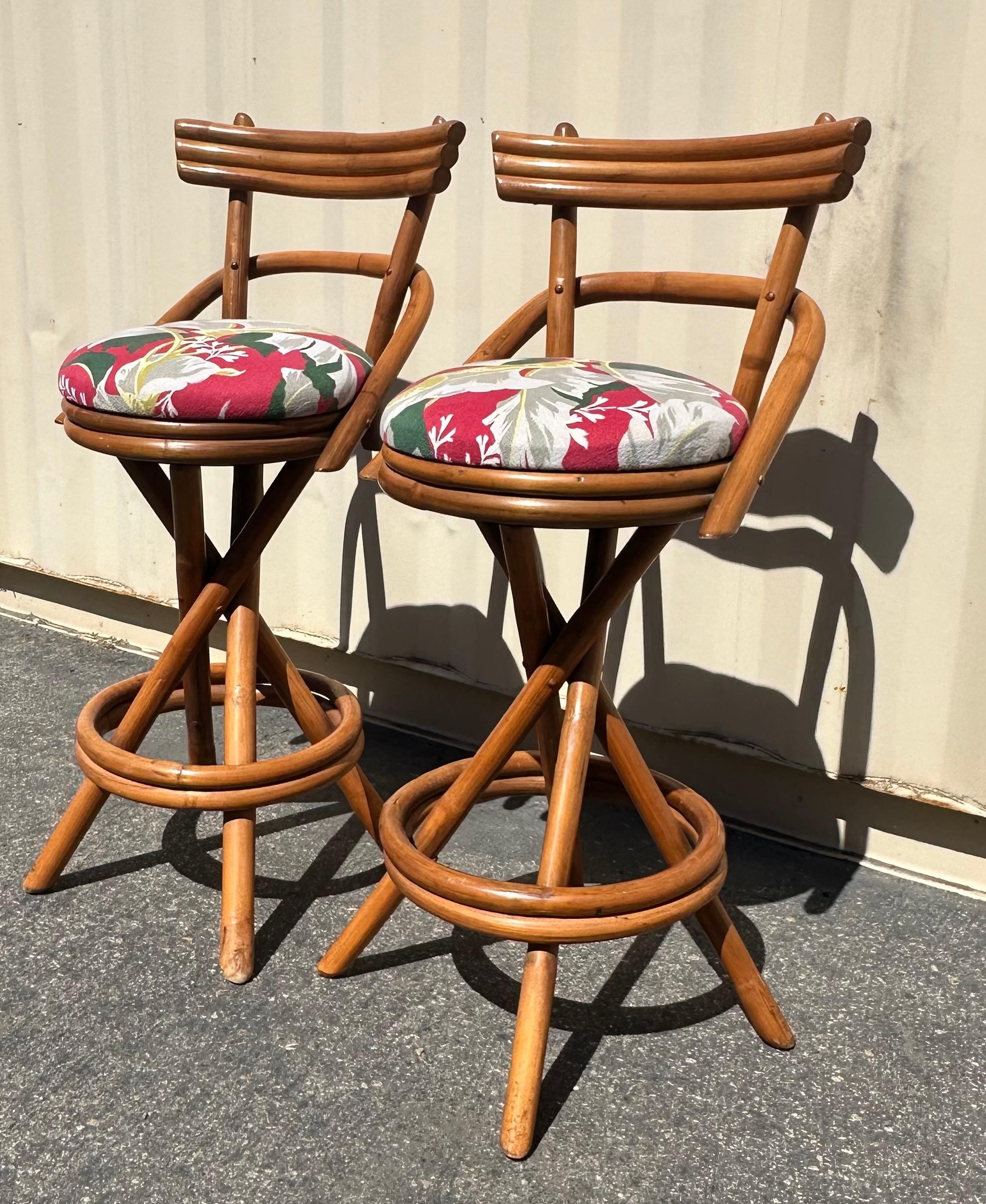 Pair of American MCM Two Step Back Rattan Bar Stools in the Style of Paul Frankl 2