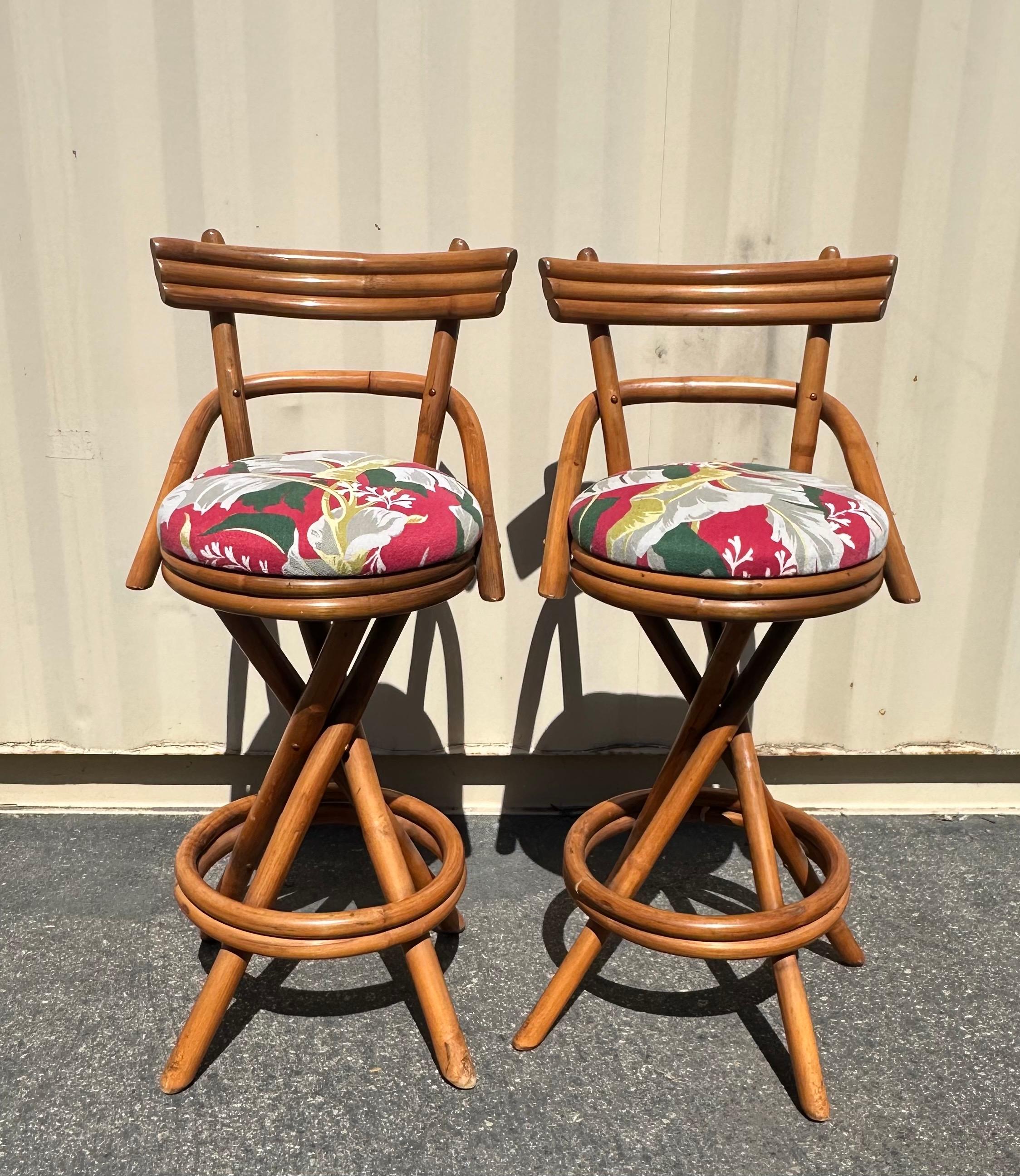 Pair of American MCM Two Step Back Rattan Bar Stools in the Style of Paul Frankl 3