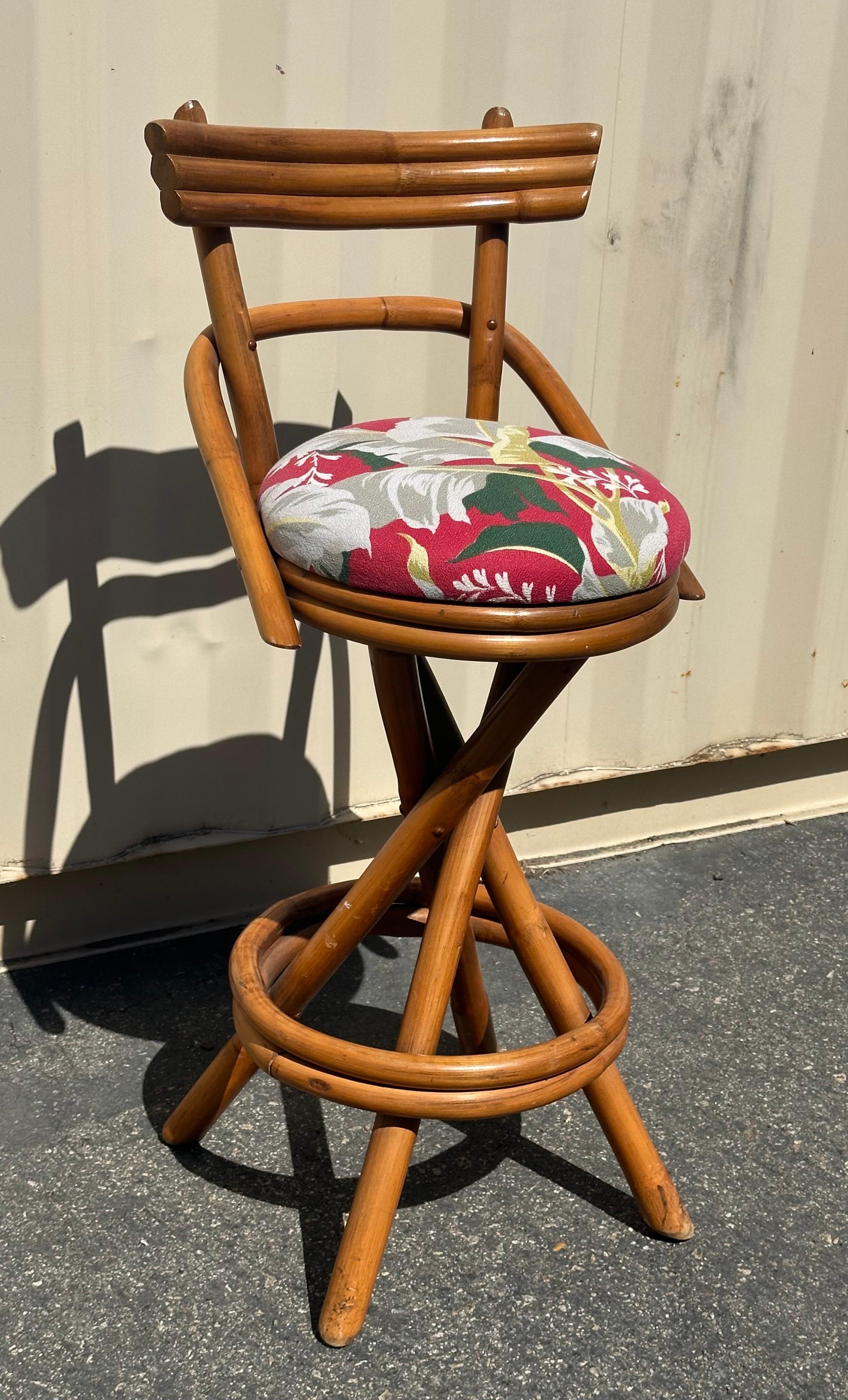 Pair of American MCM Two Step Back Rattan Bar Stools in the Style of Paul Frankl 4