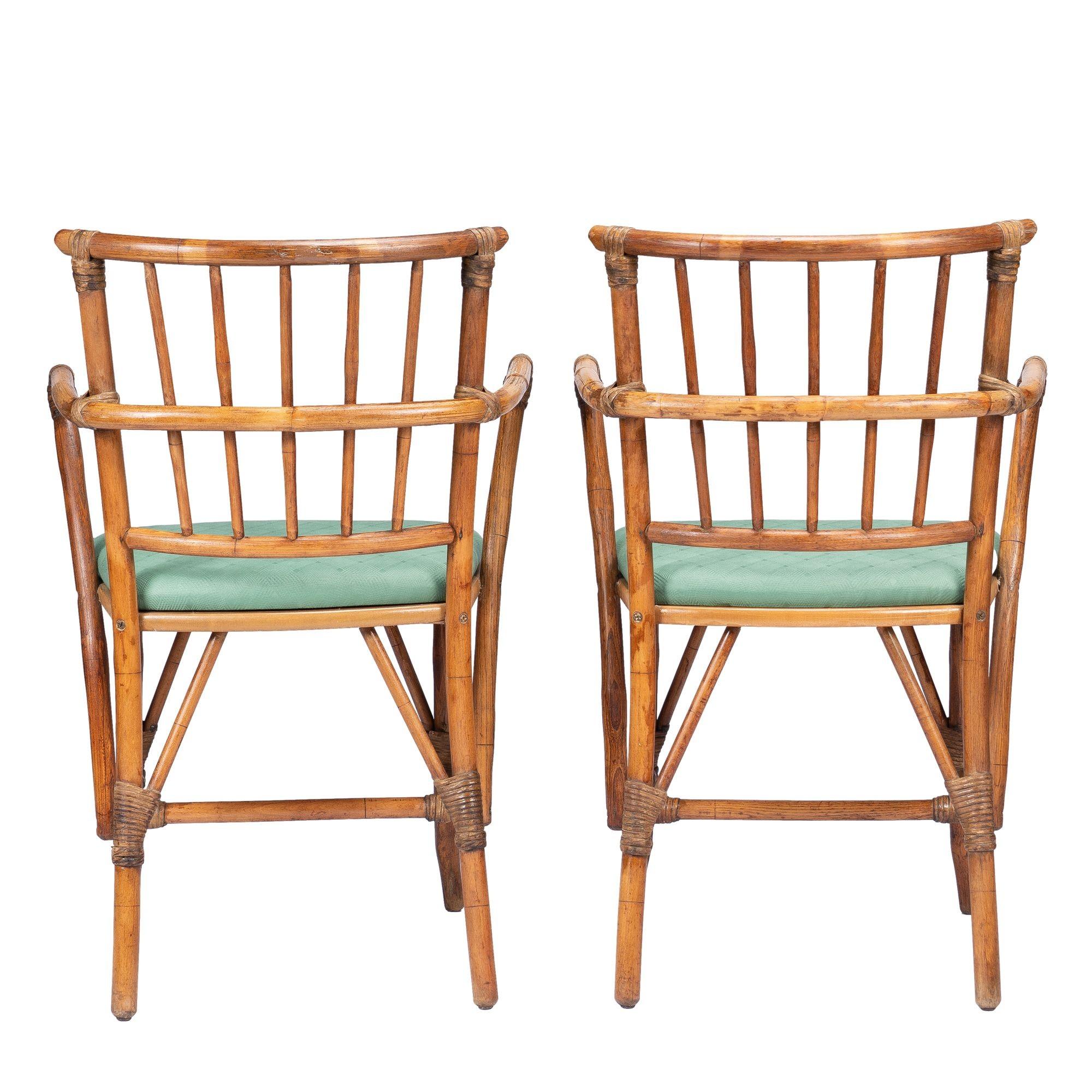 Upholstery Pair of American Mid Century bamboo turned arm chairs, 1950's For Sale