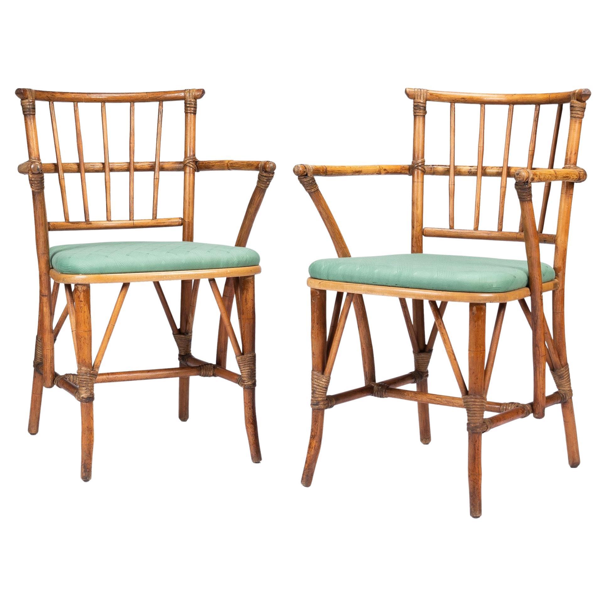 Pair of American Mid Century bamboo turned arm chairs, 1950's For Sale