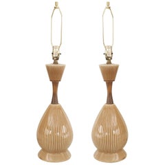 Pair of American Mid-Century Beige Porcelain Table Lamps