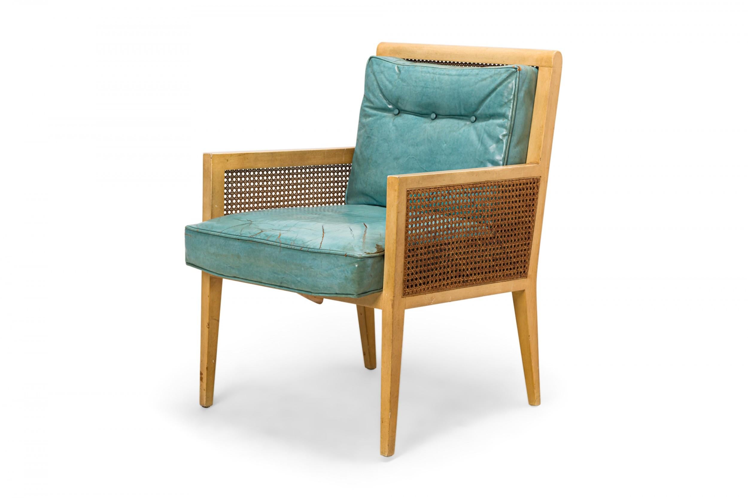 Mid-Century Modern Pair of American Mid-Century Blond Wood, Cane, and Blue Leather Lounge Armchairs For Sale