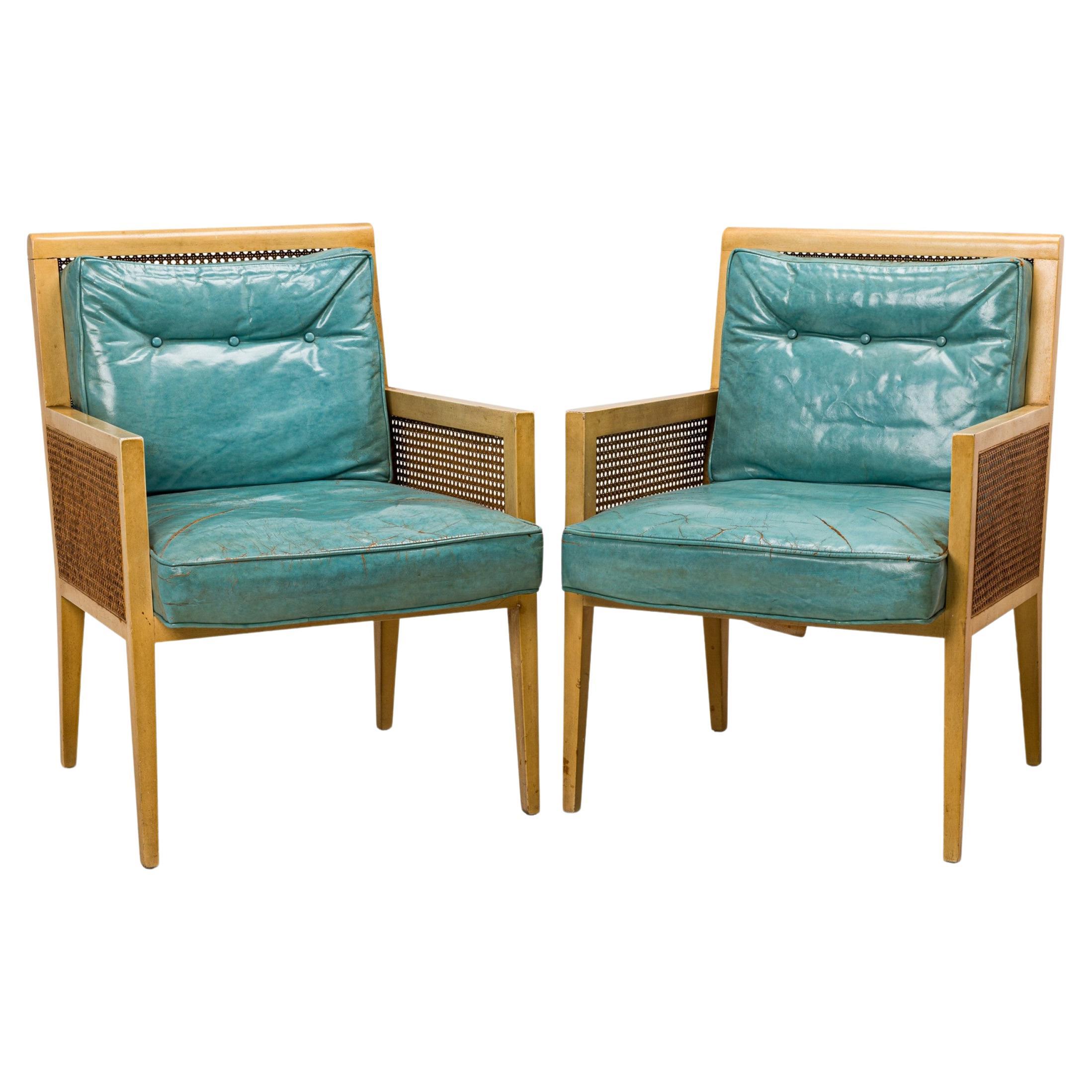 Pair of American Mid-Century Blond Wood, Cane, and Blue Leather Lounge Armchairs For Sale