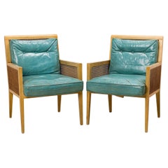 Pair of American Mid-Century Blond Wood, Cane, and Blue Leather Lounge Armchairs