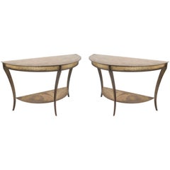 Pair of American Mid-Century Brass and Steel Demilune Console Tables