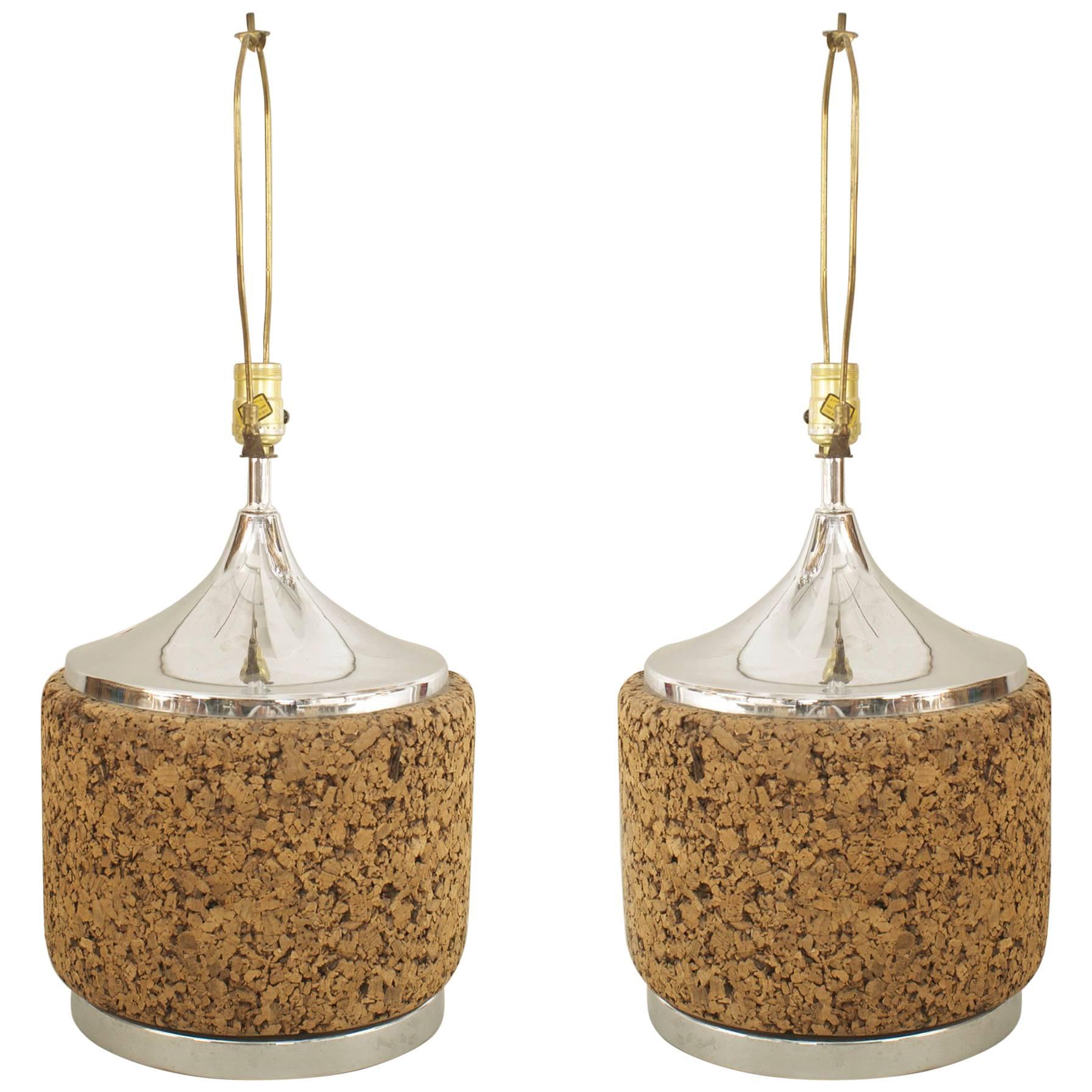 Paire de lampes de bureau américaines en liège et chrome du milieu du siècle dernier