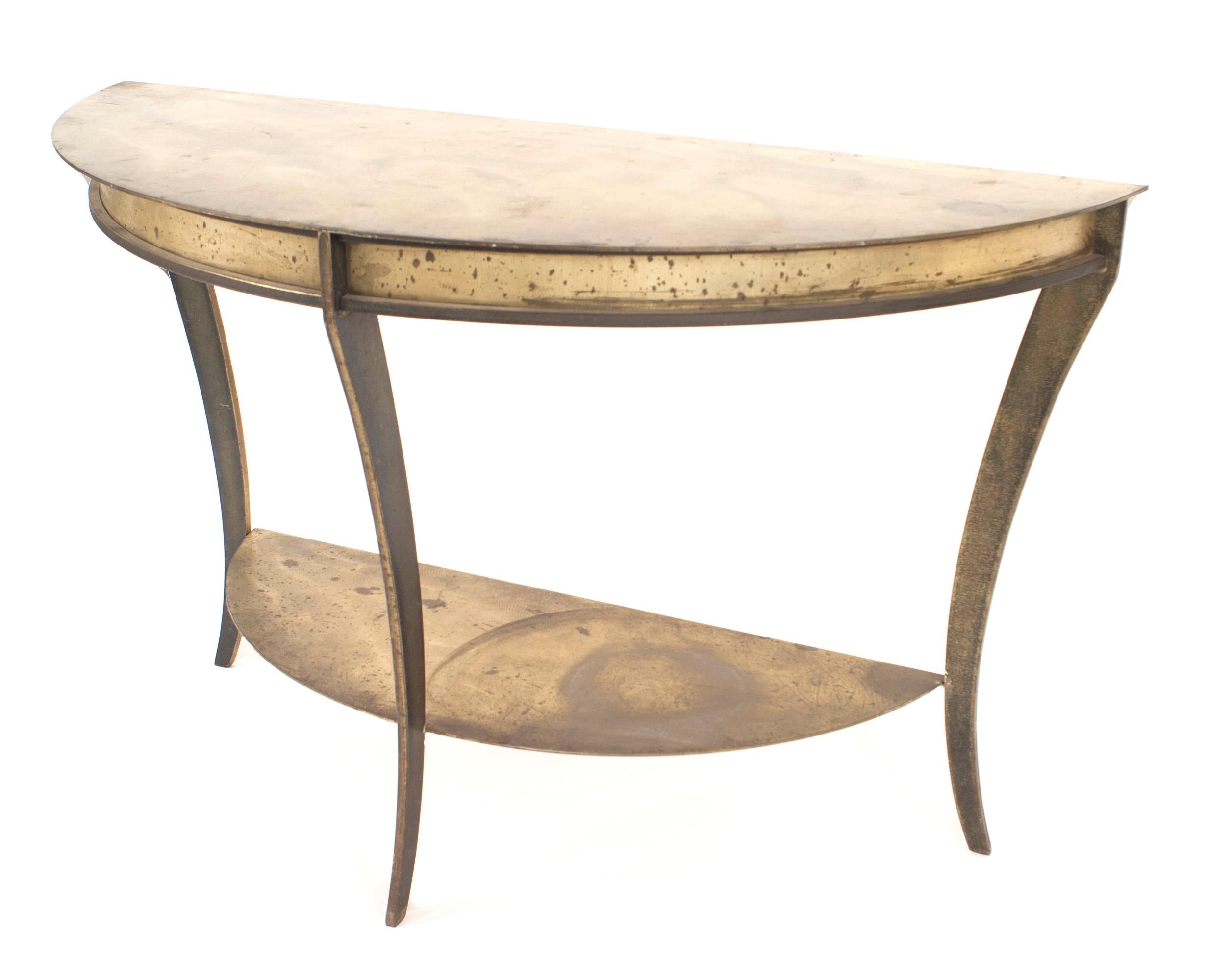 Mid-Century Modern Pair of American Mid-Century Brass and Steel Demilune Console Tables For Sale
