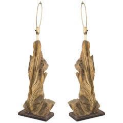 Paire de Lampes de Table Américaines en Faux Bois Flotté Style Milieu de Siècle