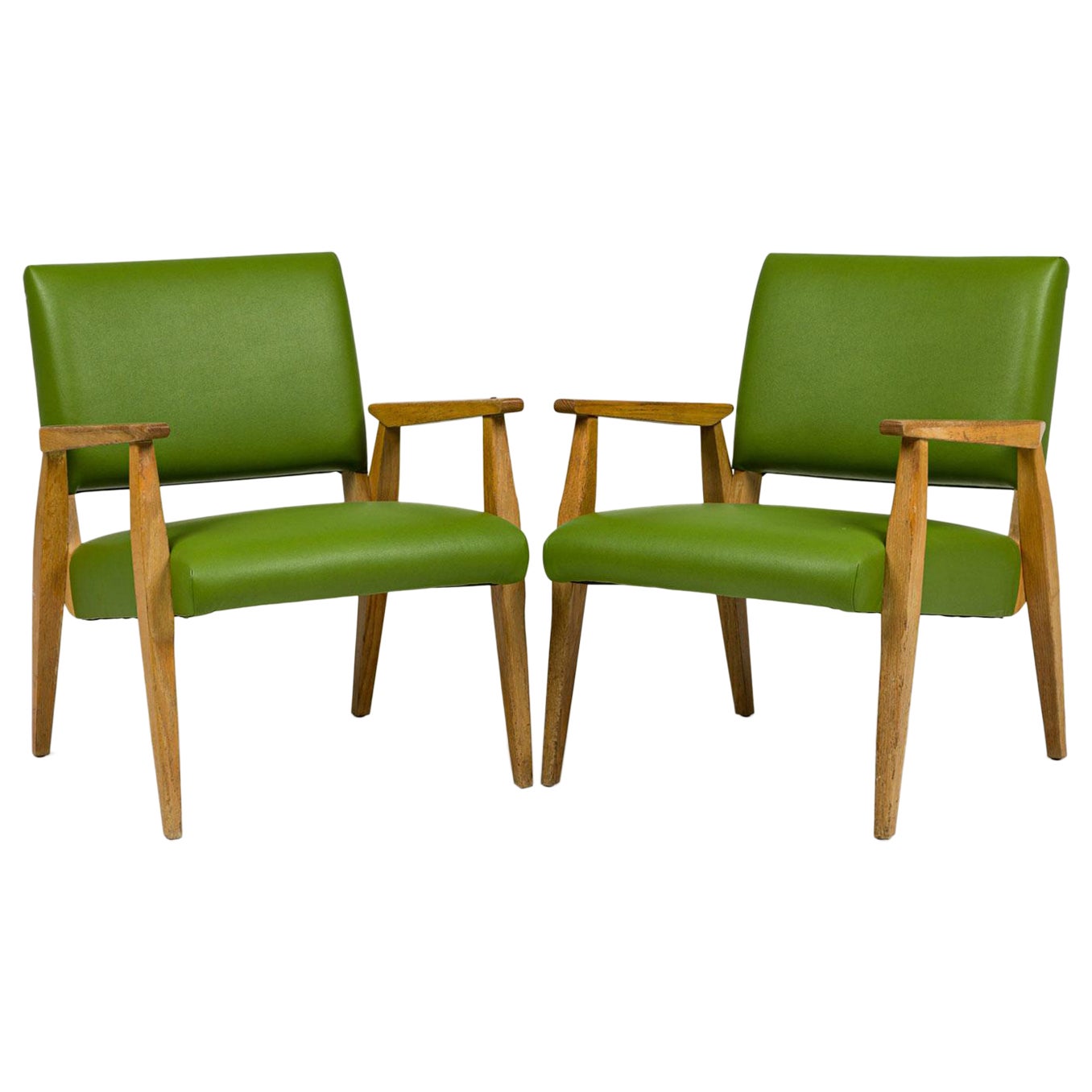 Pair of American Mid-Century Green Leather Arm Chairs