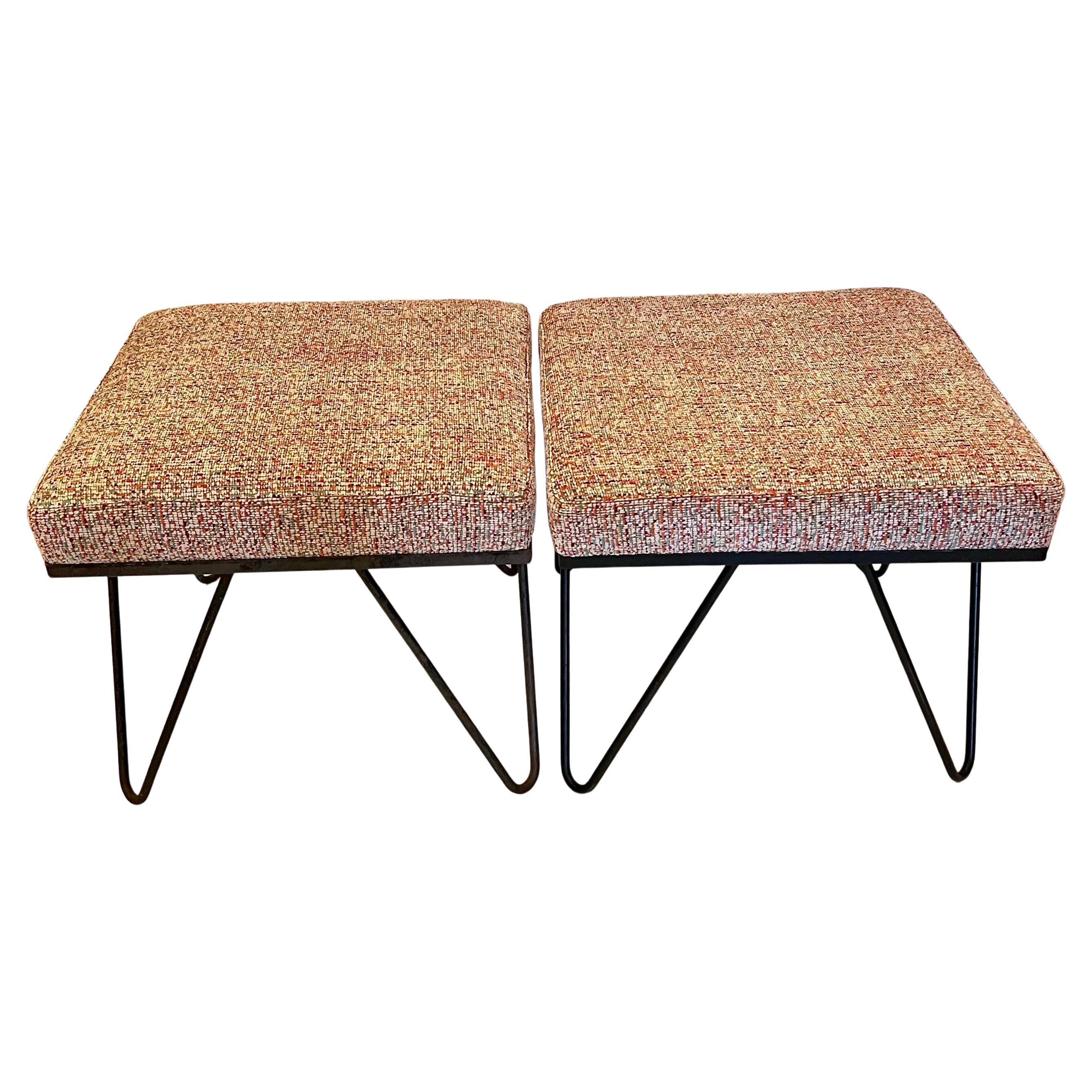 Great pair of hairpin legs enameled metal frame low stools , circa 1950's freshly upholstered in Herman Miller fabric by Alexander Girard, nice original finish , with light rust we waxed the finish its easy to respray if desired .