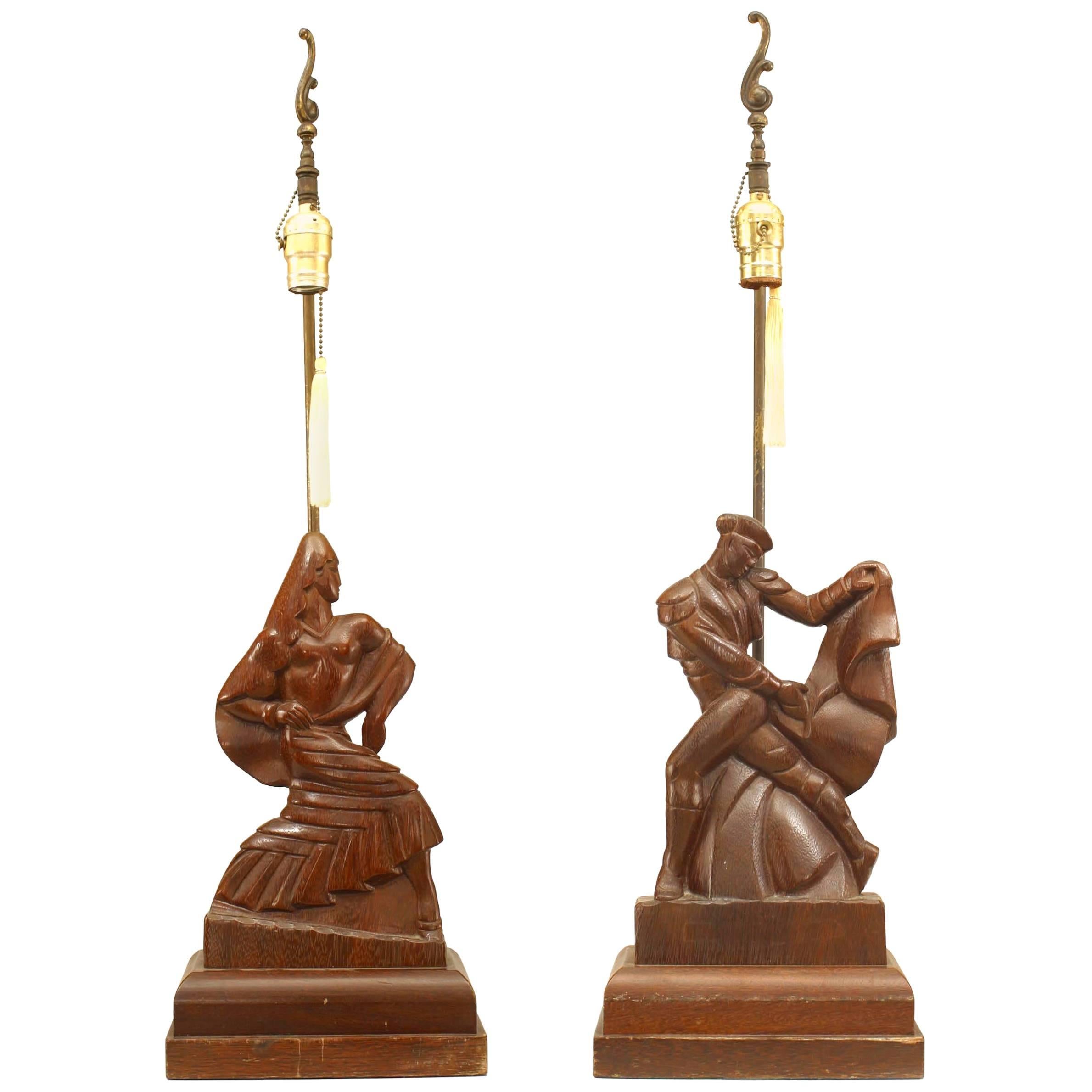 Pair of American Mid-Century Heifetz Figural Mahogany Table Lamps