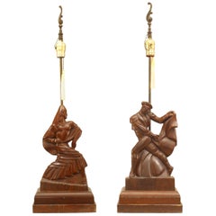 Pair of American Mid-Century Heifetz Figural Mahogany Table Lamps