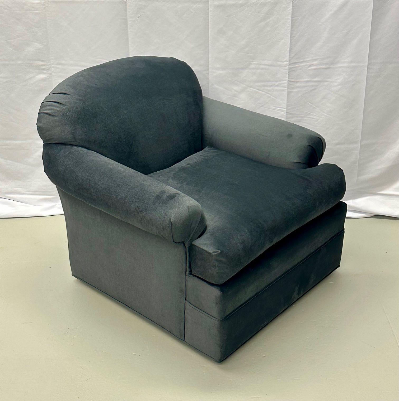 Pair of American Modern Grey Swivel / Lounge Chairs, Scroll Arm For Sale 4