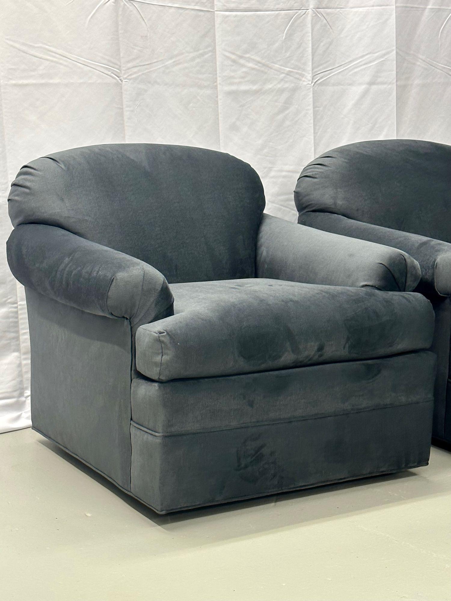 Pair of American Modern Grey Swivel / Lounge Chairs, Scroll Arm In Good Condition For Sale In Stamford, CT