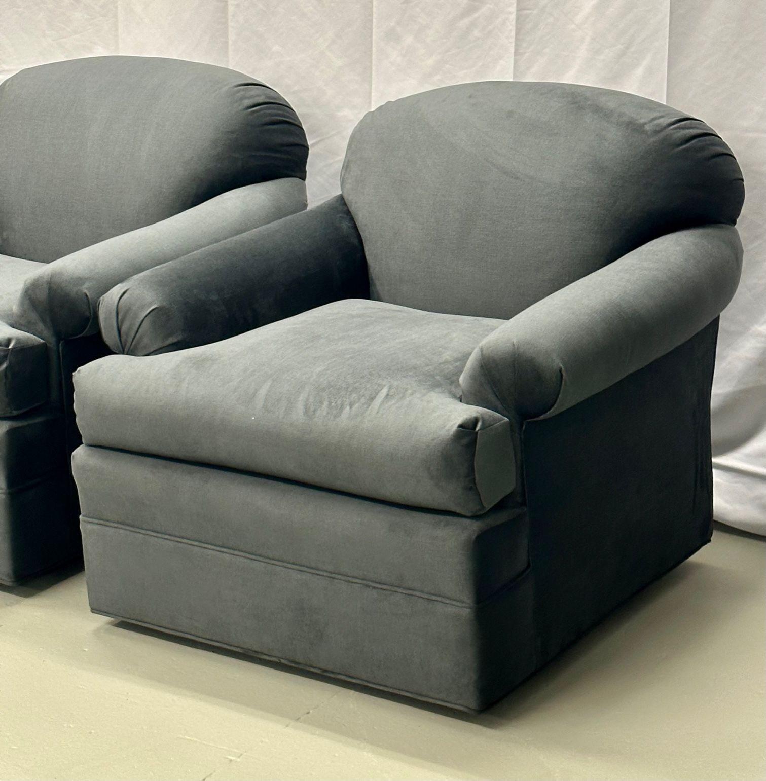 Velvet Pair of American Modern Grey Swivel / Lounge Chairs, Scroll Arm For Sale