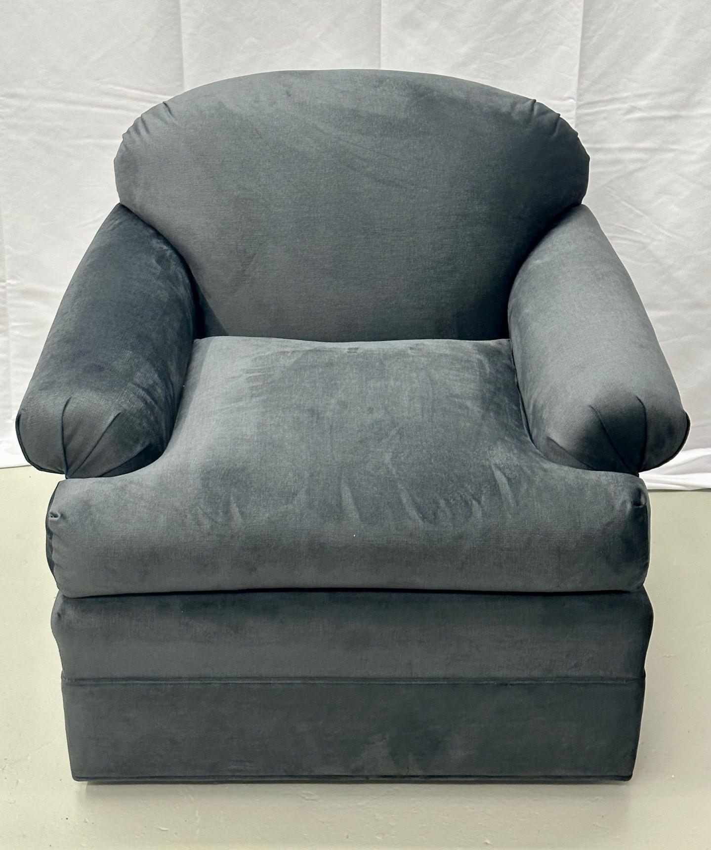 Pair of American Modern Grey Swivel / Lounge Chairs, Scroll Arm For Sale 1