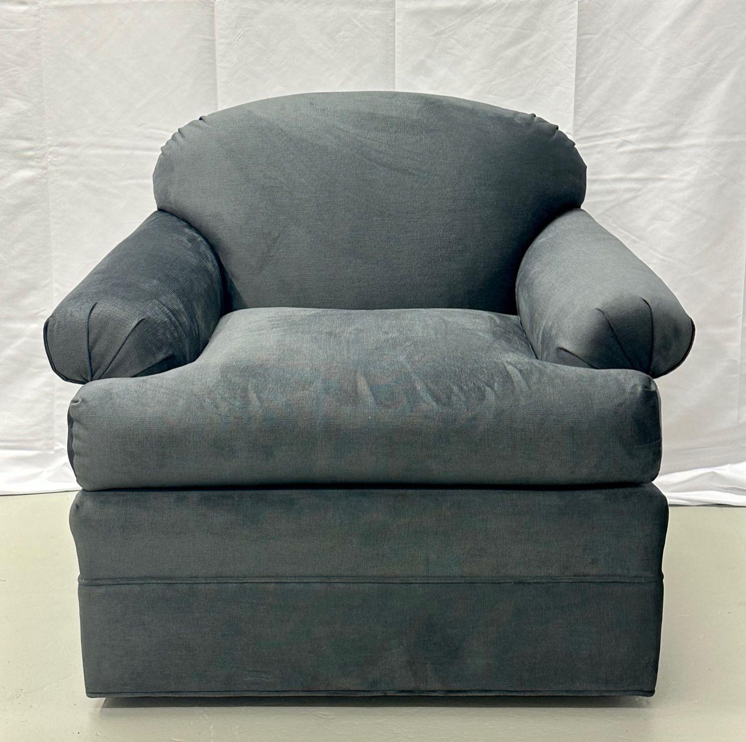Pair of American Modern Grey Swivel / Lounge Chairs, Scroll Arm For Sale 2
