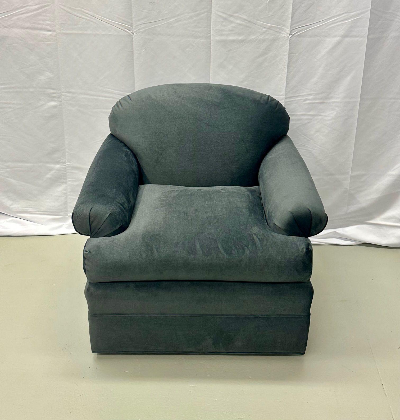 Pair of American Modern Grey Swivel / Lounge Chairs, Scroll Arm For Sale 3