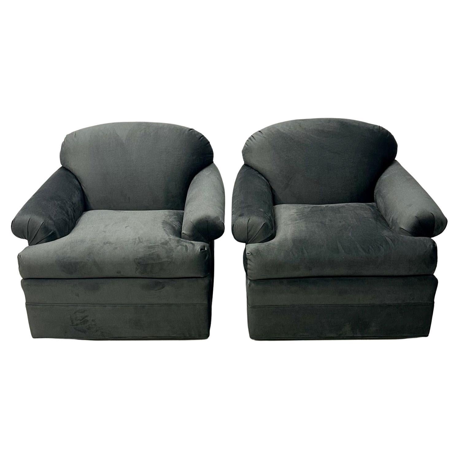 Pair of American Modern Grey Swivel / Lounge Chairs, Scroll Arm For Sale