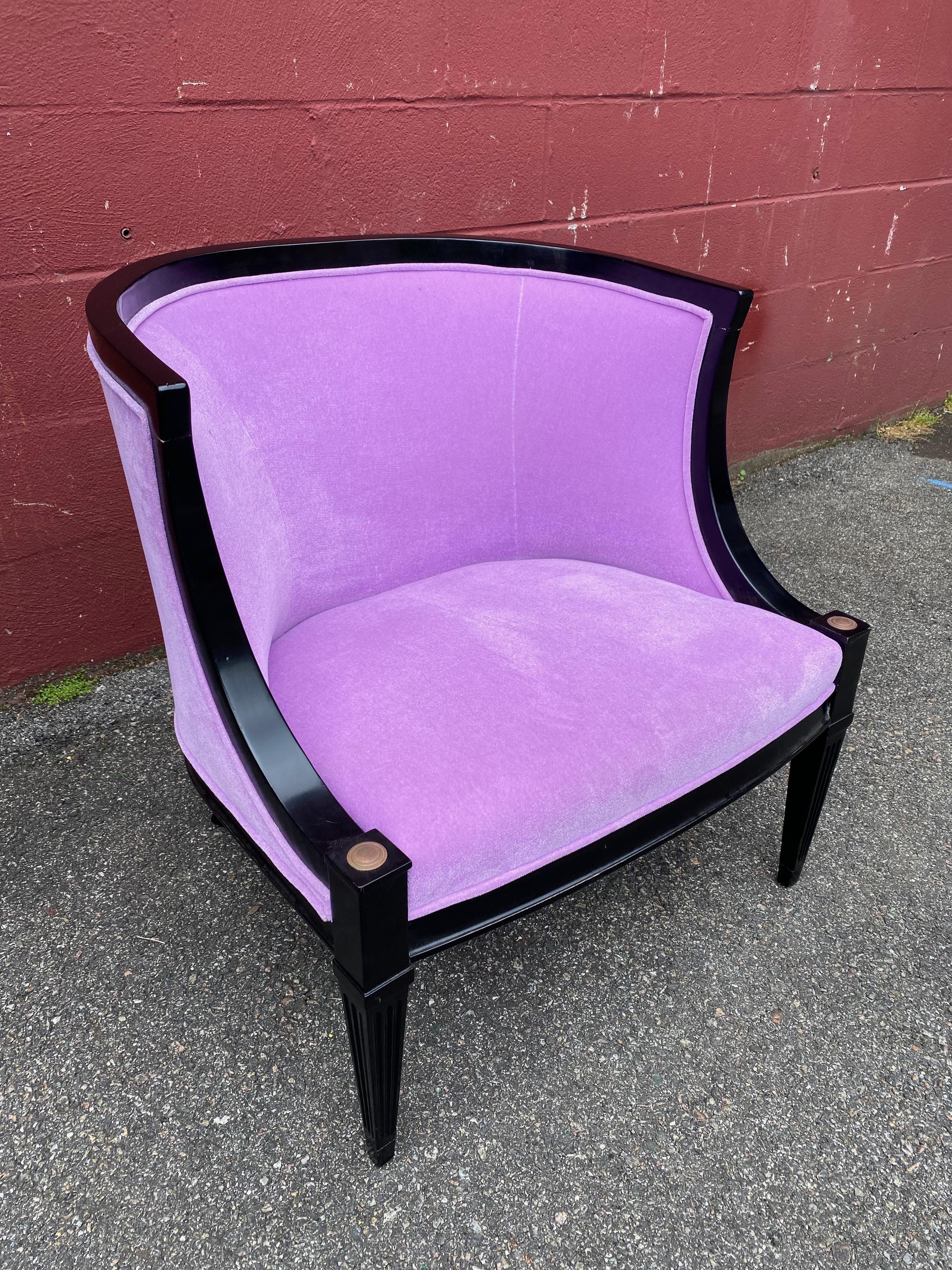 Pair of American Mid-Century Modern Rounded Back Armchairs in Purple Velvet For Sale 5