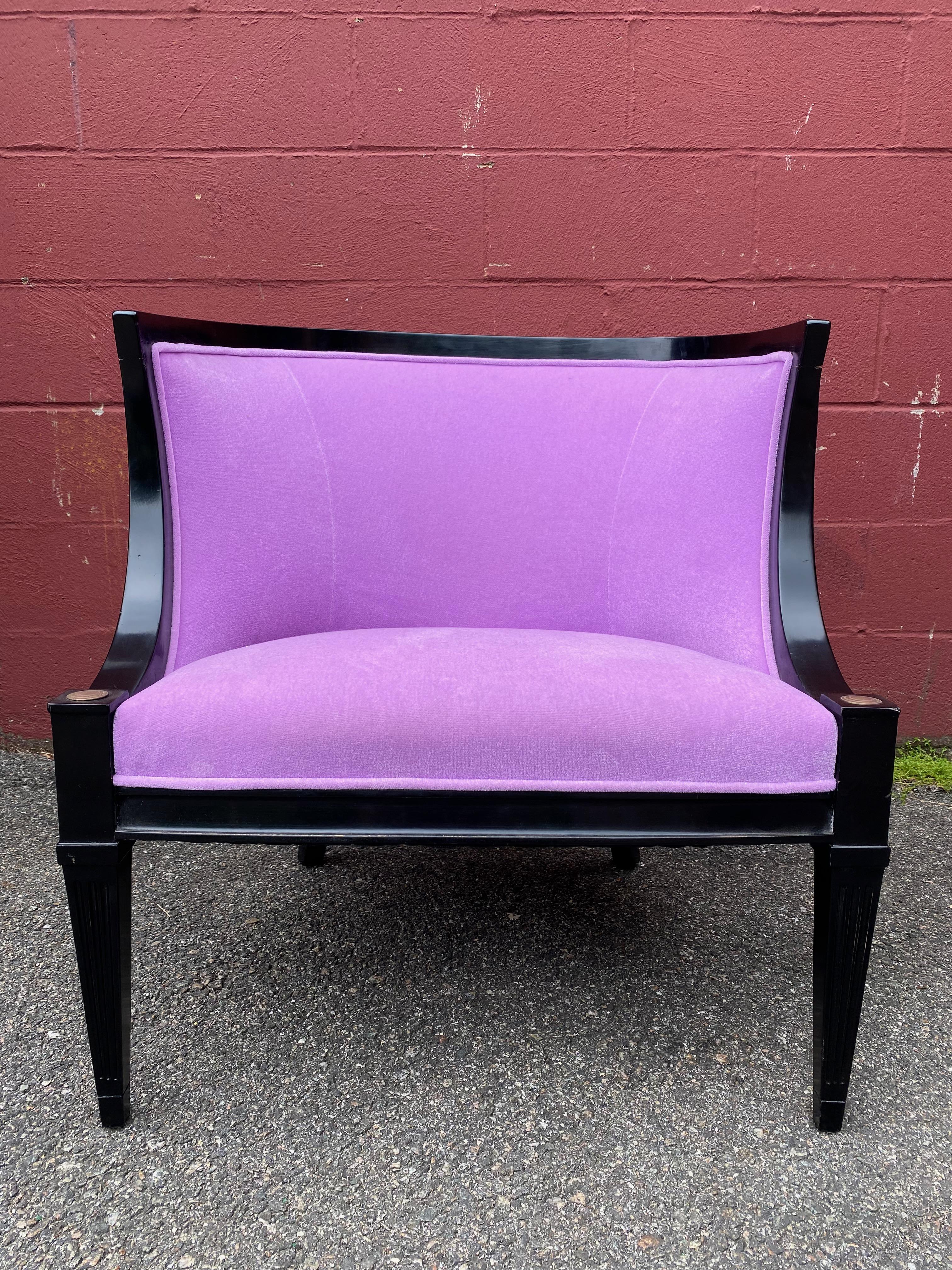 Pair of American Mid-Century Modern Rounded Back Armchairs in Purple Velvet For Sale 6