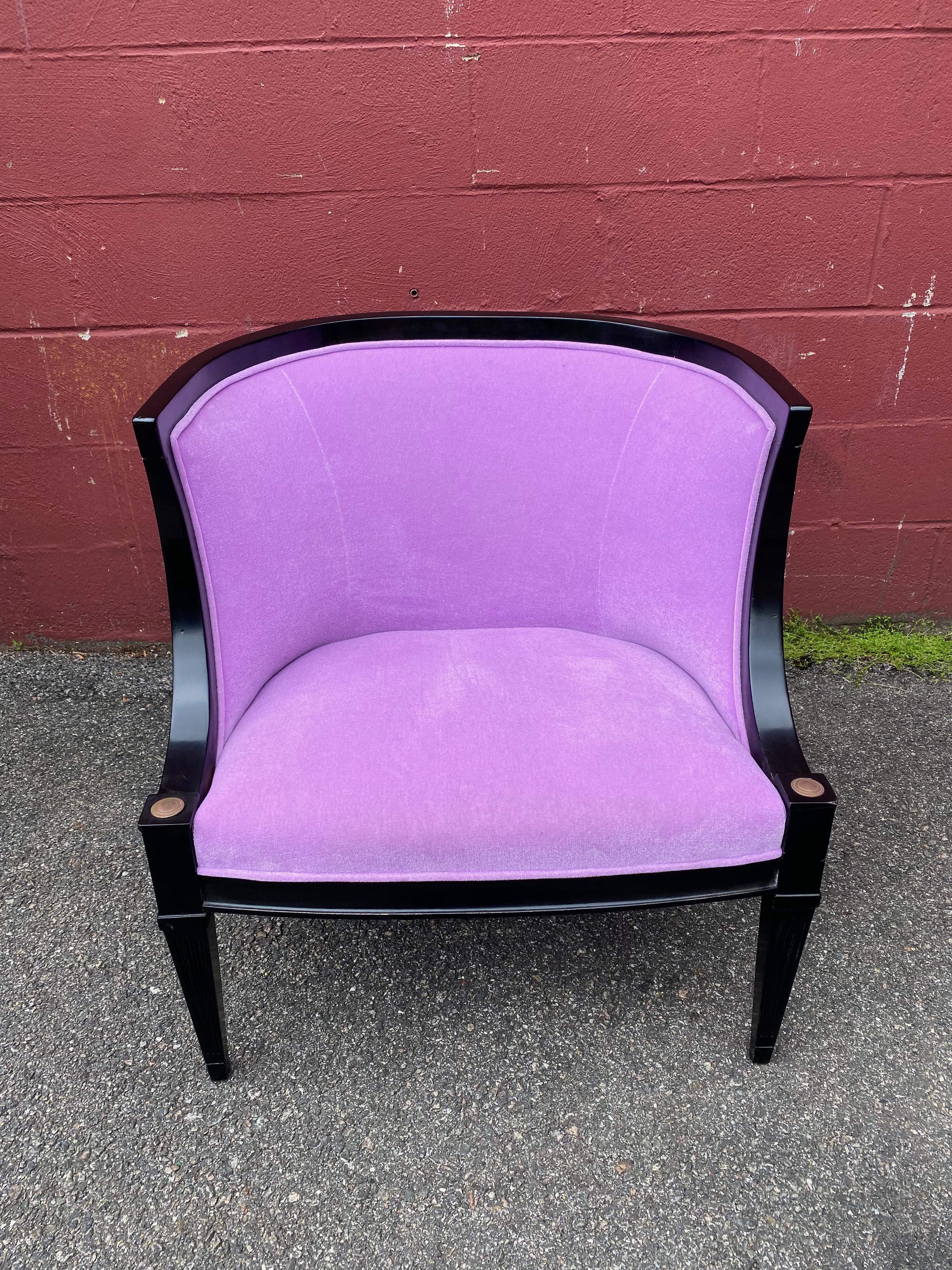 Pair of American Mid-Century Modern Rounded Back Armchairs in Purple Velvet For Sale 7