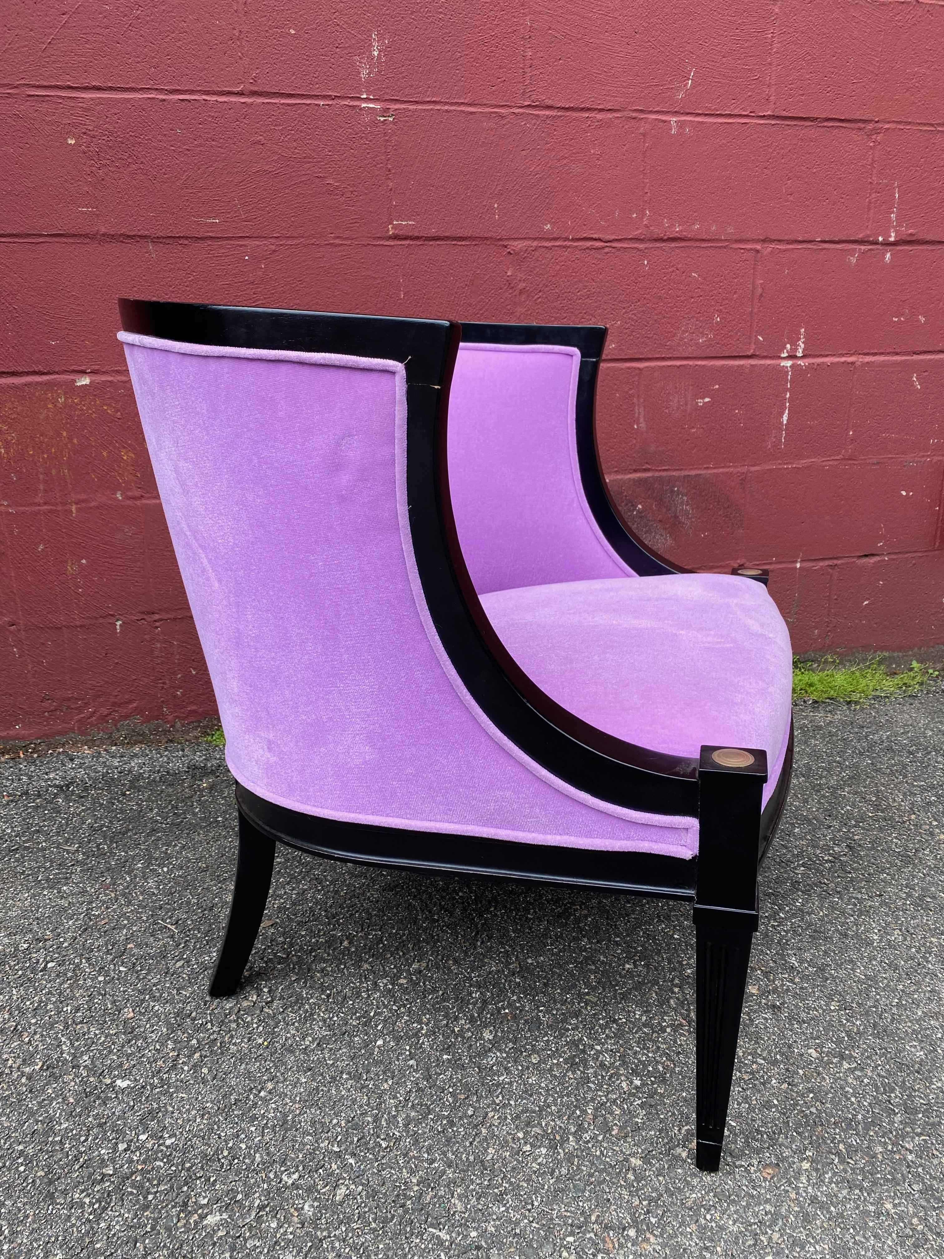 Pair of American Mid-Century Modern Rounded Back Armchairs in Purple Velvet For Sale 8