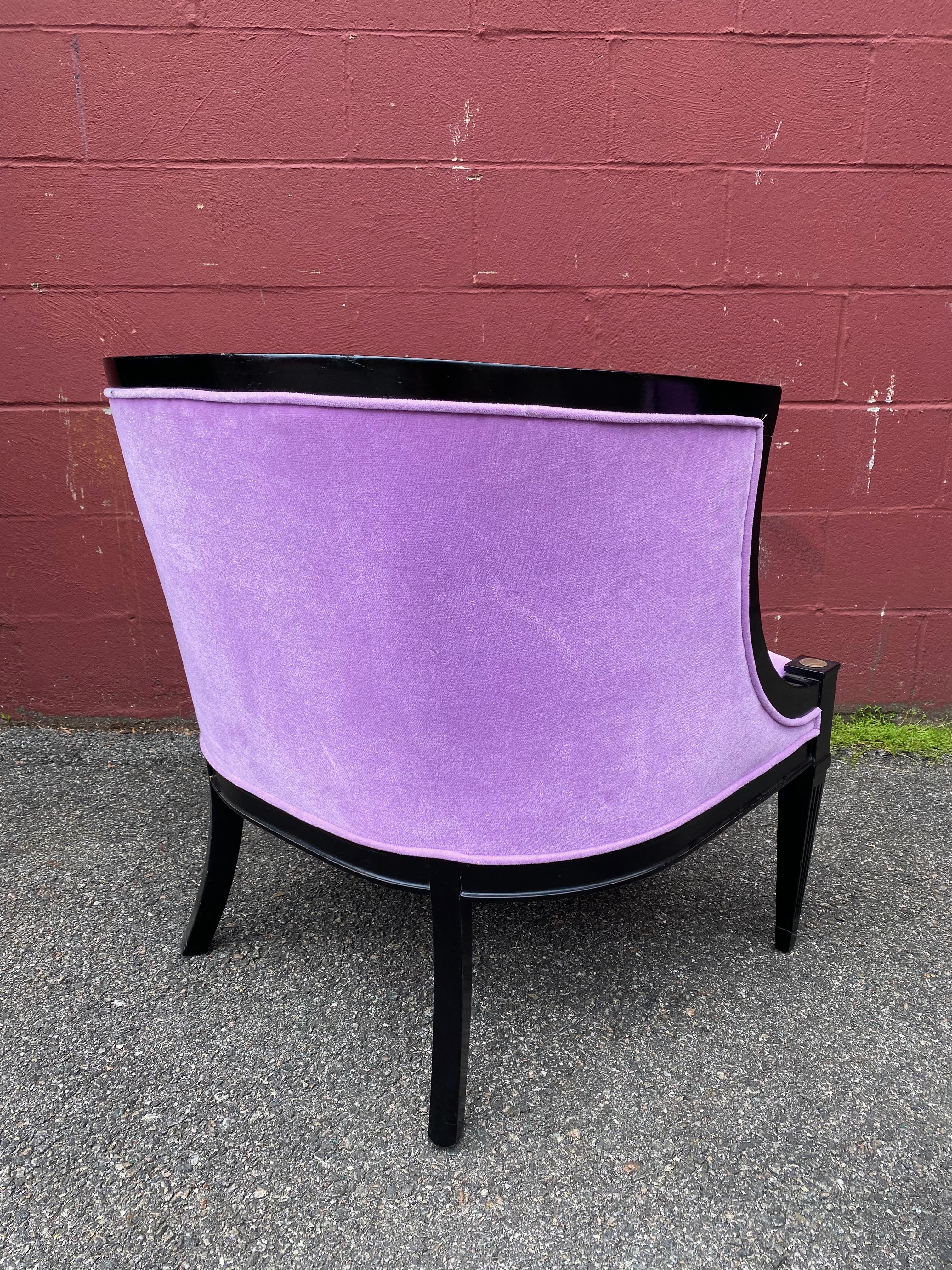 Pair of American Mid-Century Modern Rounded Back Armchairs in Purple Velvet For Sale 9