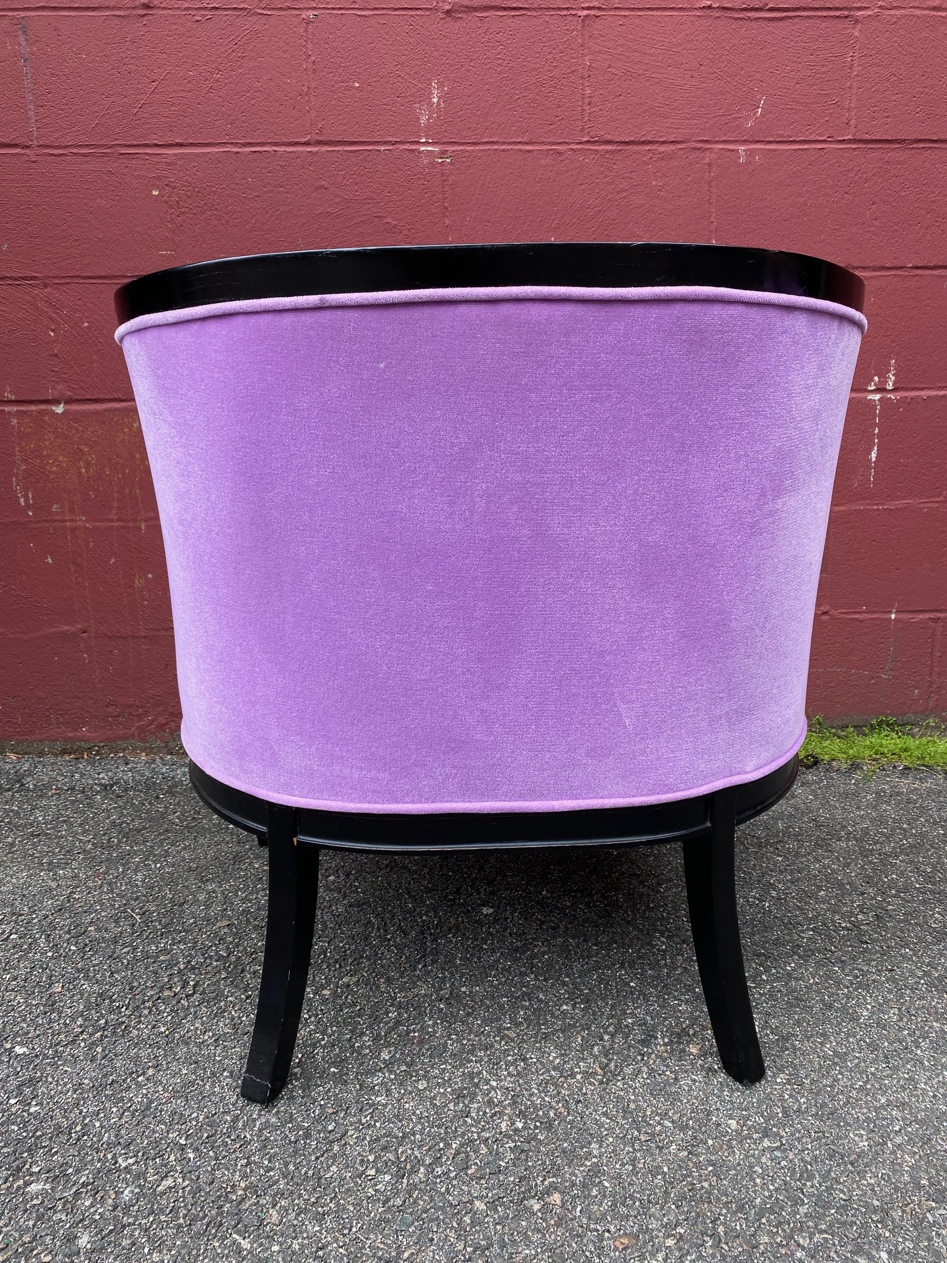 Pair of American Mid-Century Modern Rounded Back Armchairs in Purple Velvet For Sale 10