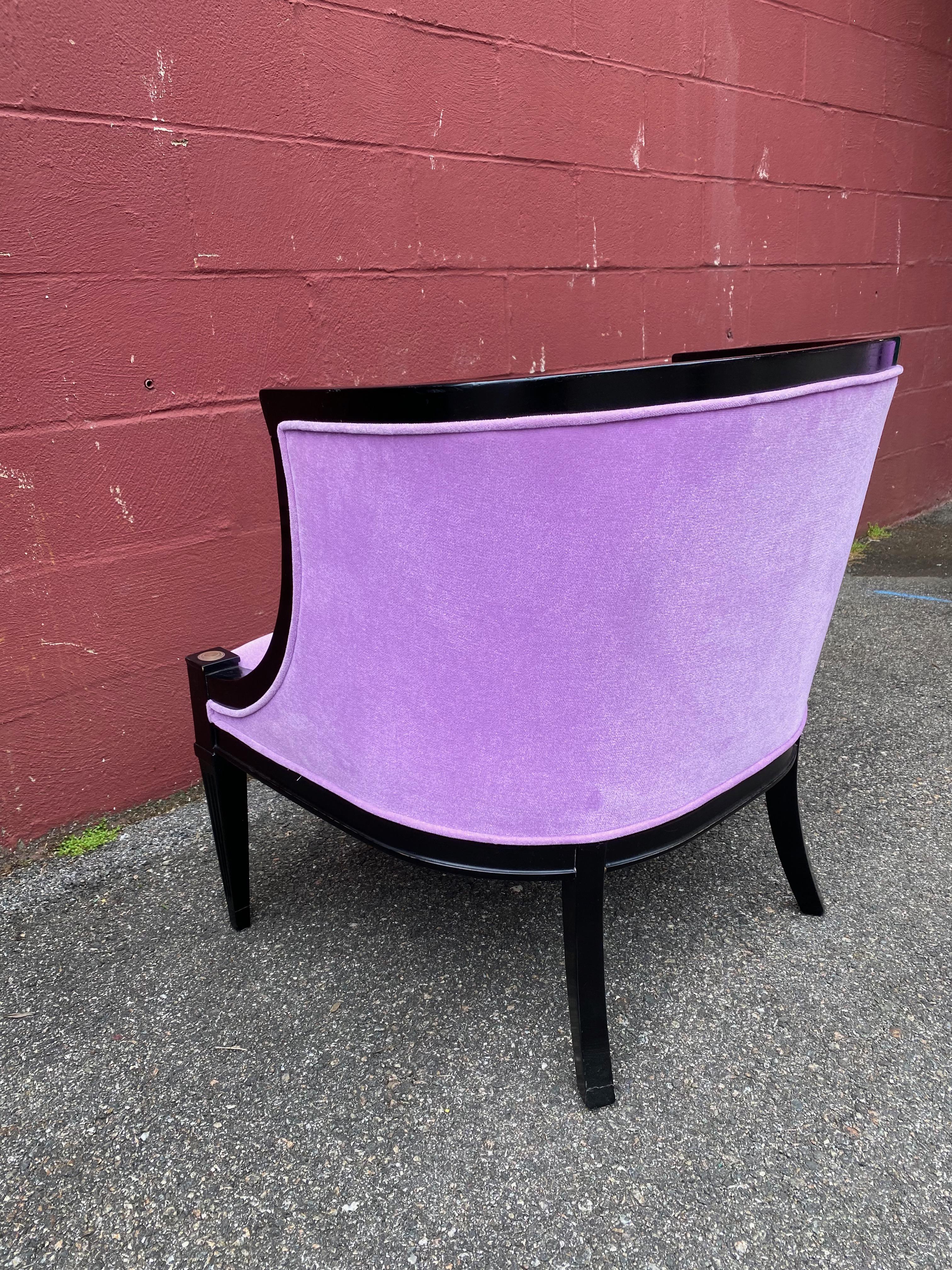 Pair of American Mid-Century Modern Rounded Back Armchairs in Purple Velvet For Sale 11