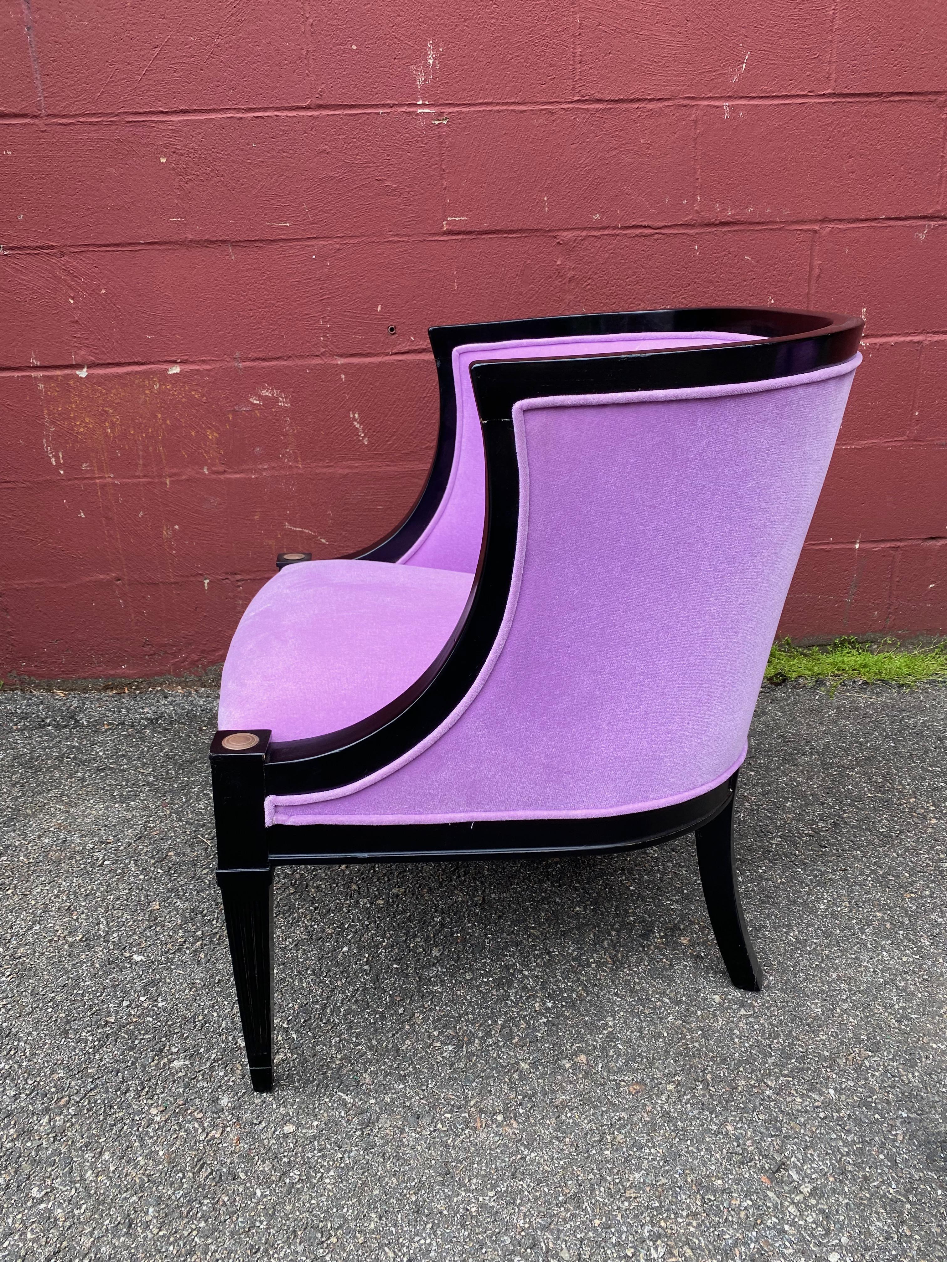 Pair of American Mid-Century Modern Rounded Back Armchairs in Purple Velvet For Sale 12