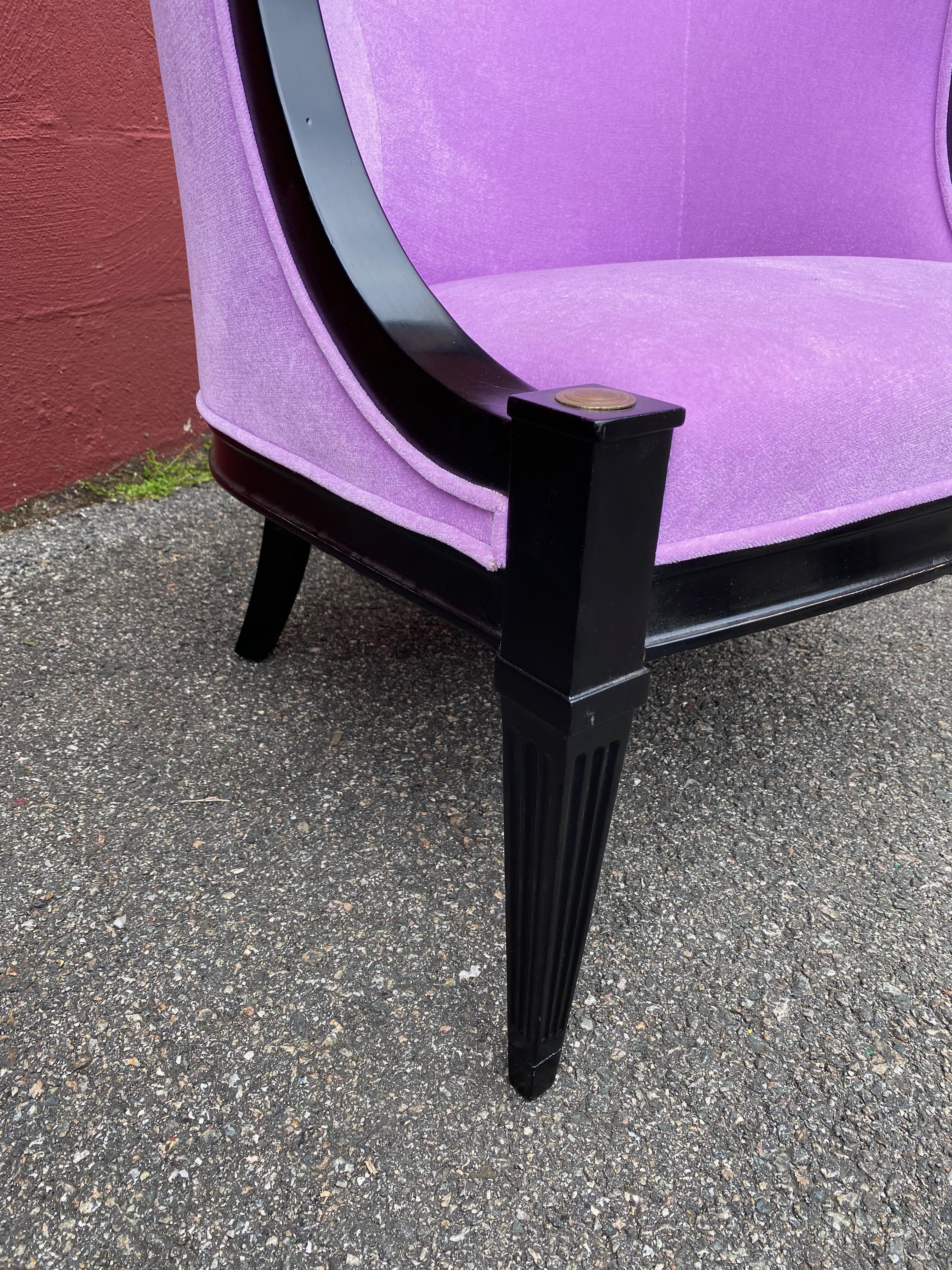 Pair of American Mid-Century Modern Rounded Back Armchairs in Purple Velvet For Sale 3