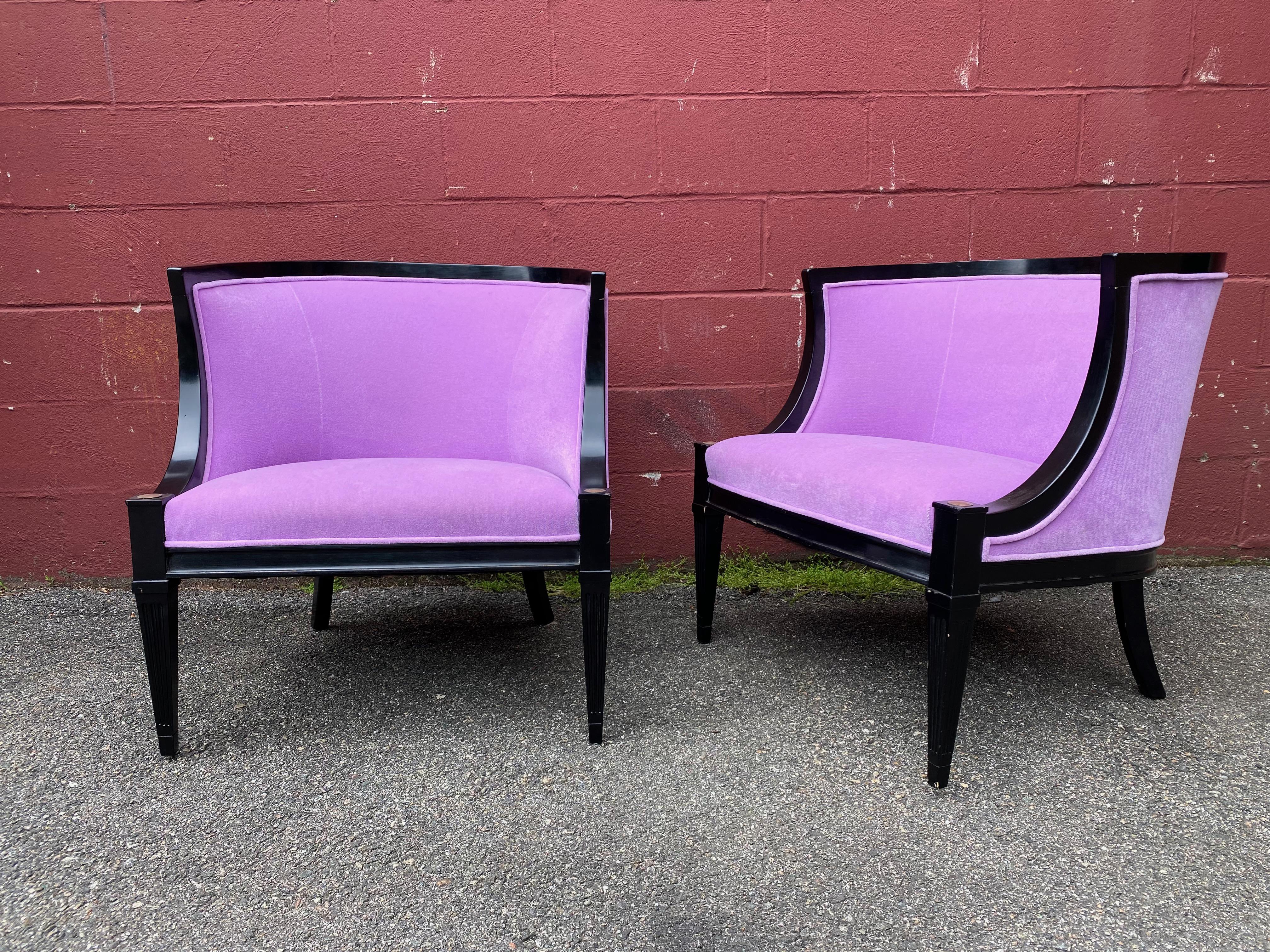 Pair of American Mid-Century Modern Rounded Back Armchairs in Purple Velvet For Sale 4
