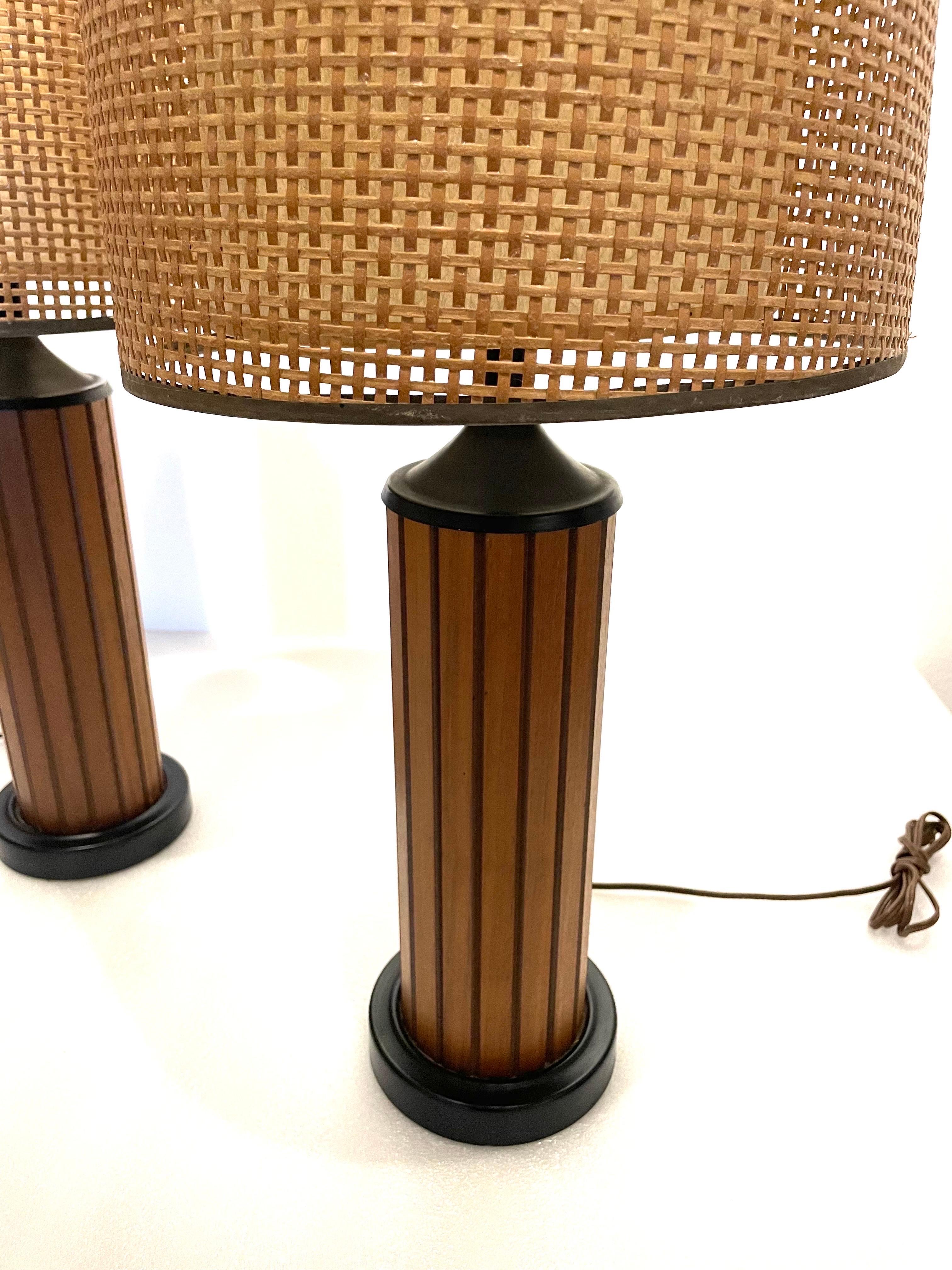 Pair of American Mid-Century Modern Table Lamps in Teak Base Original Lampshades In Excellent Condition In San Diego, CA