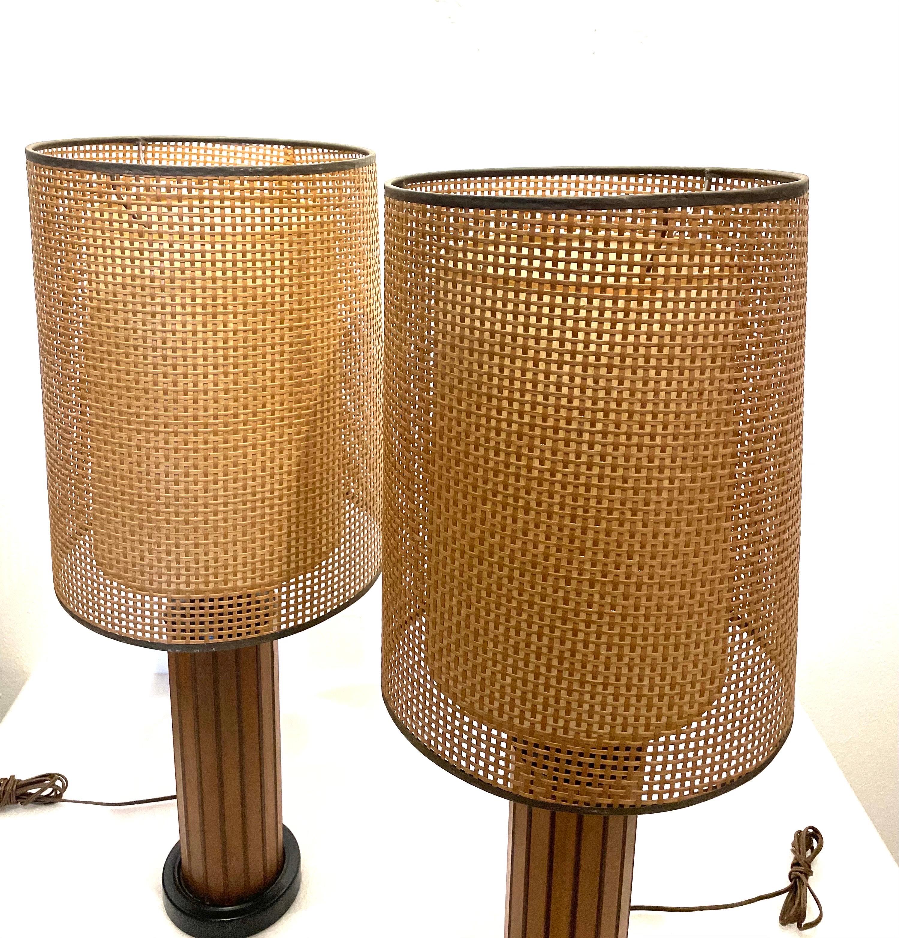 20th Century Pair of American Mid-Century Modern Table Lamps in Teak Base Original Lampshades