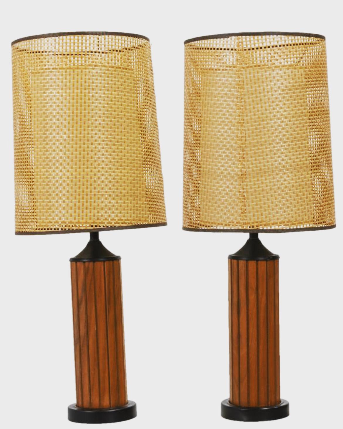 Pair of American Mid-Century Modern Table Lamps in Teak Base Original Lampshades 2
