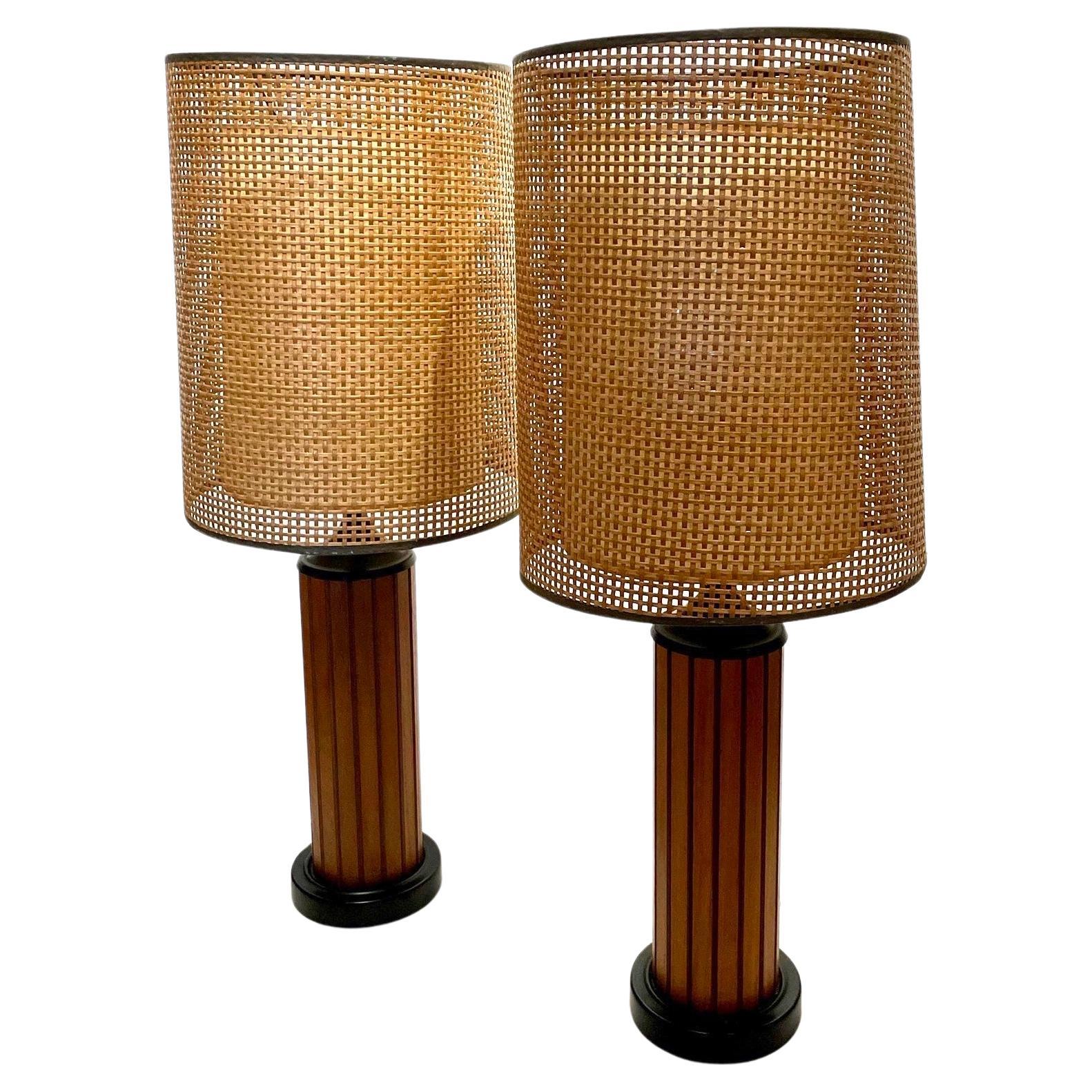 Pair of American Mid-Century Modern Table Lamps in Teak Base Original Lampshades