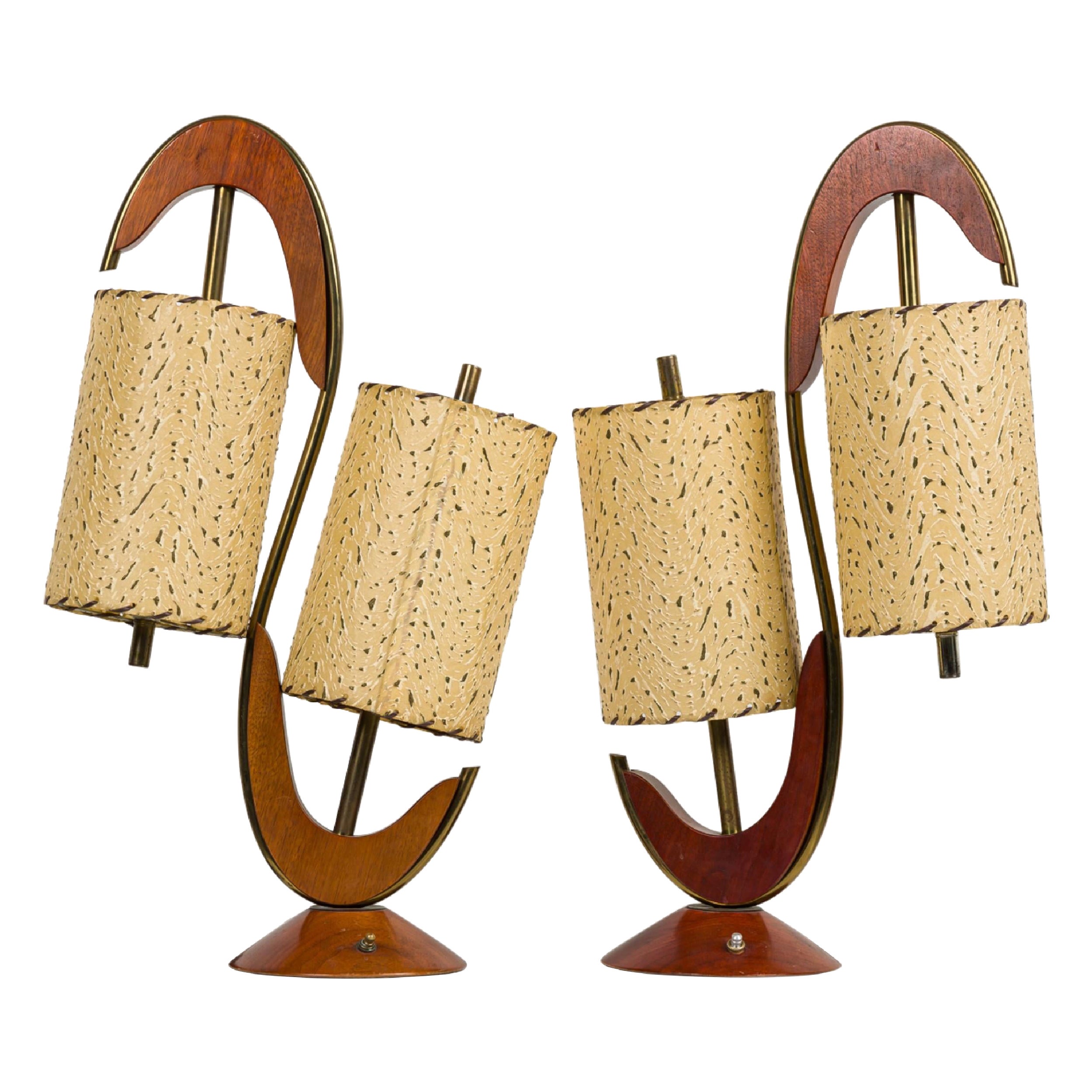 Pair of American Mid-Century S-Shaped Brass and Walnut Table Lamps