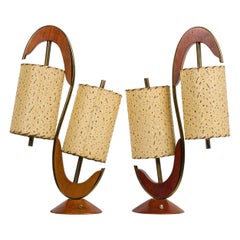 Pair of American Mid-Century S-Shaped Brass and Walnut Table Lamps
