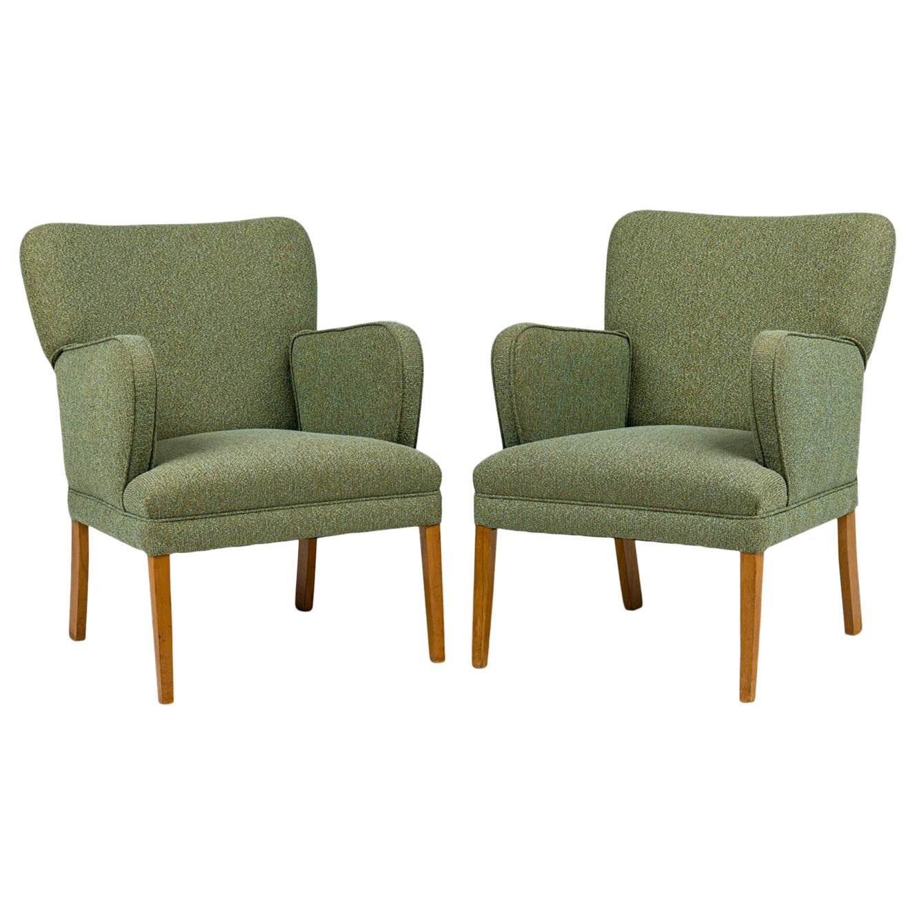 Pair of American Mid-Century Teal Wide Back Armchairs
