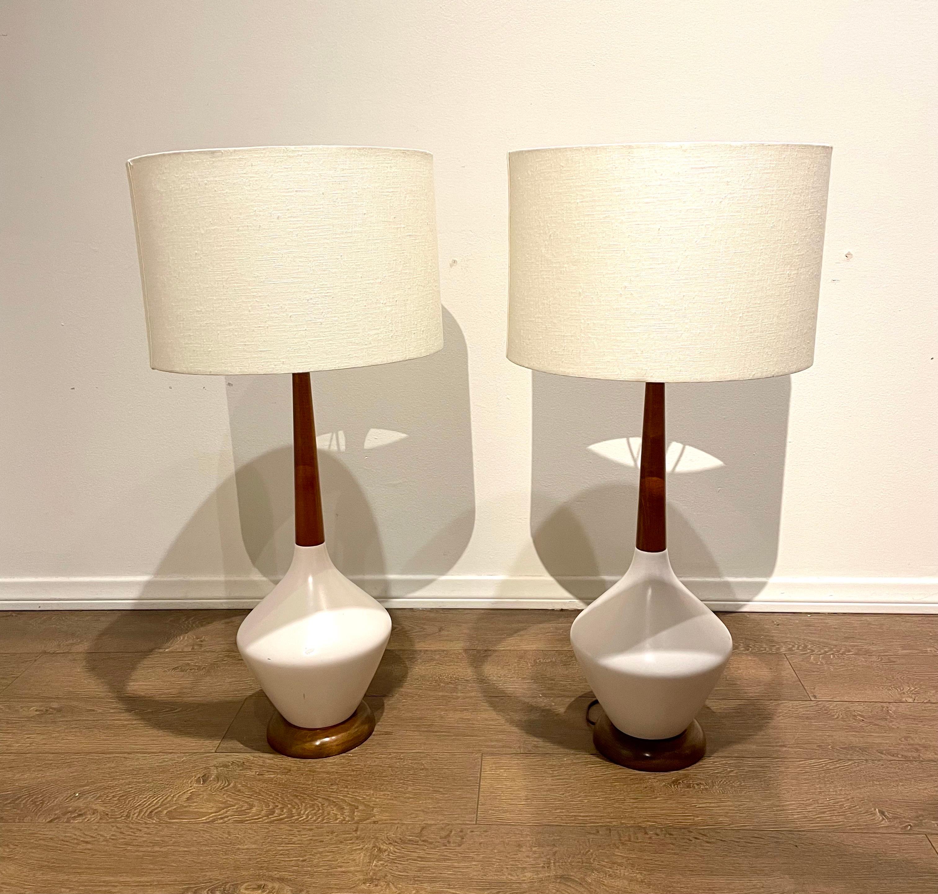 Ceramic Pair of American Mid Century White Satin Cearmic & Walnut table Lamps